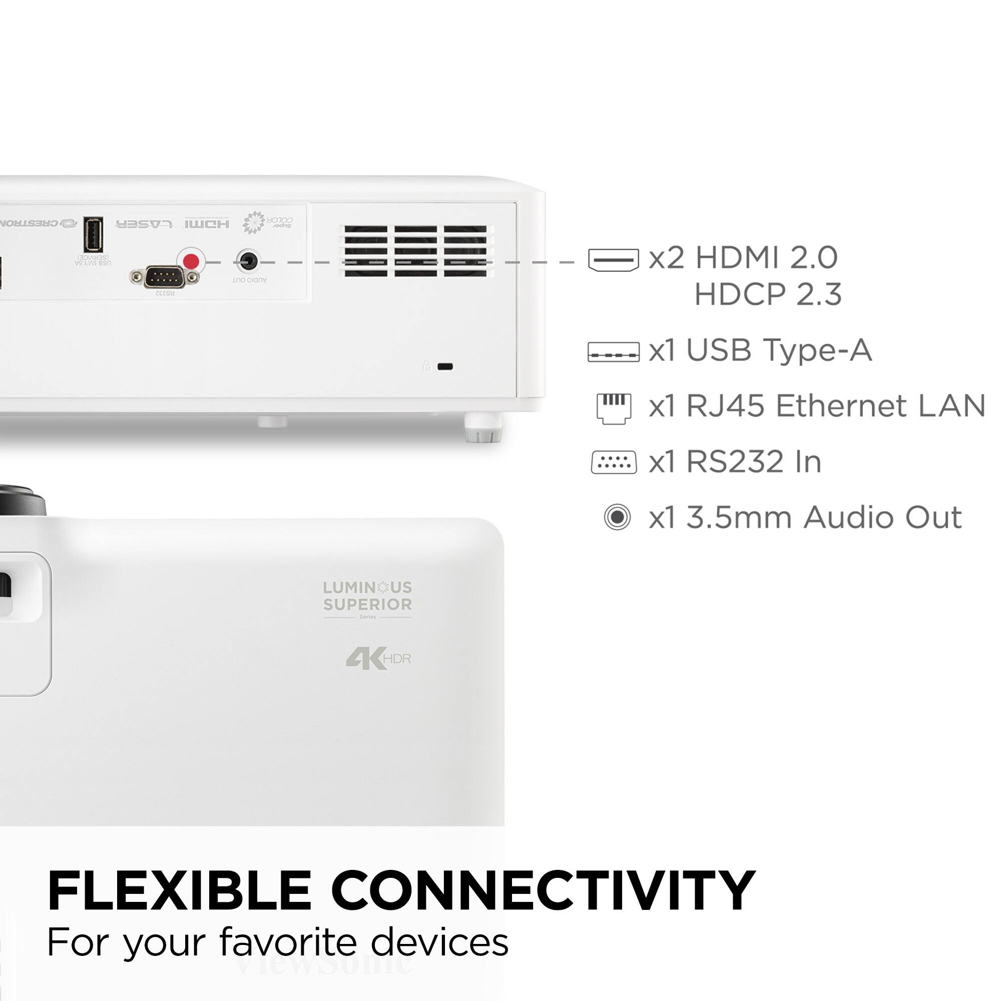 CRESTROA LASER WCH COLERI ot - x2 HDMI 2.0 HDCP 2.3 x1 USB Type-A x1 RJ45 Ethernet LAN x1 RS232 In x1 3.5mm Audio Out LUMINOUS a US SUPERIOR - 4HDR HDR FLEXIBLE CONNECTIVITY For your favorite devices