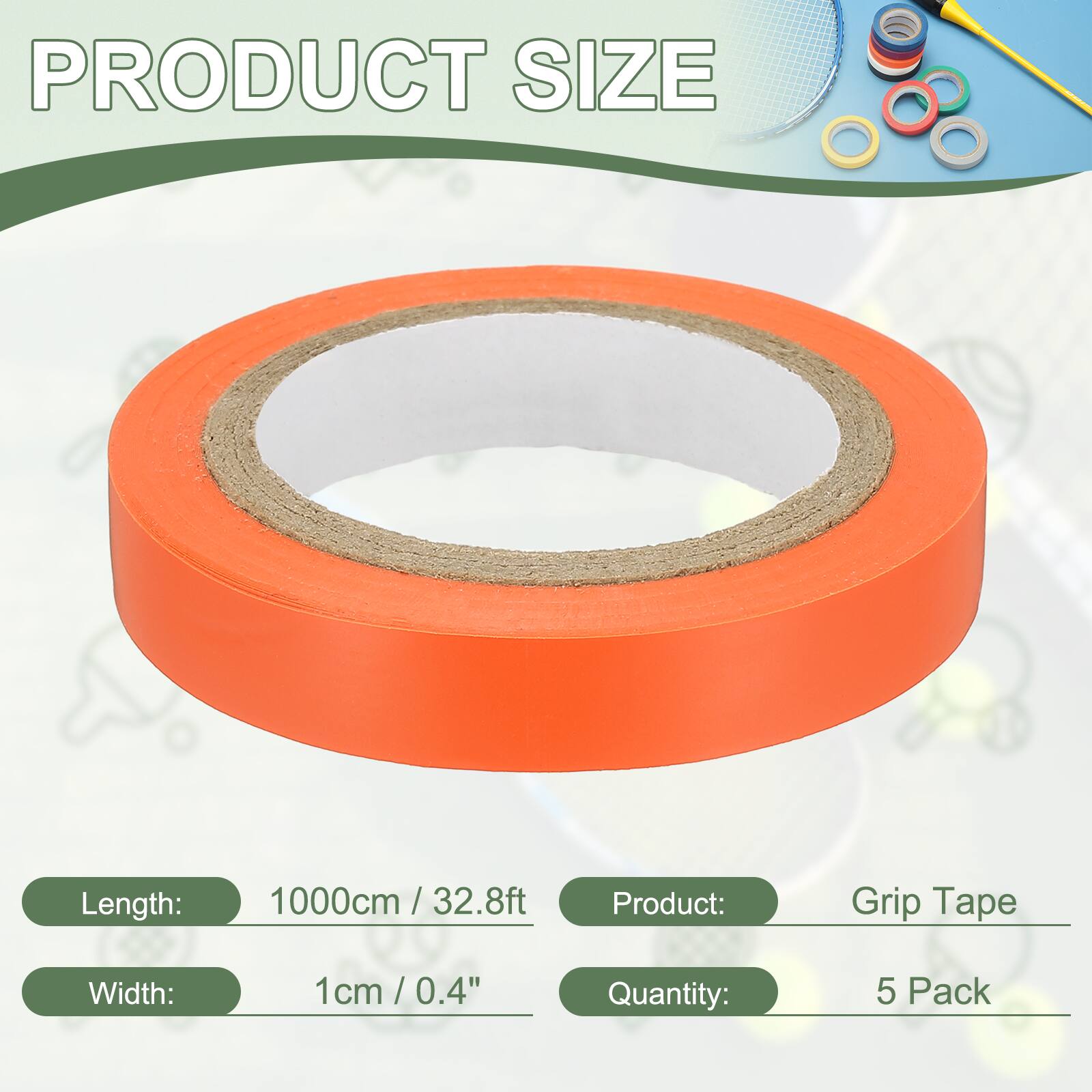 PRODUCT SIZE

Length: 1000cm / 32.8ft  
Width: 1cm / 0.4"  
Product: Grip Tape  
Quantity: 5 Pack