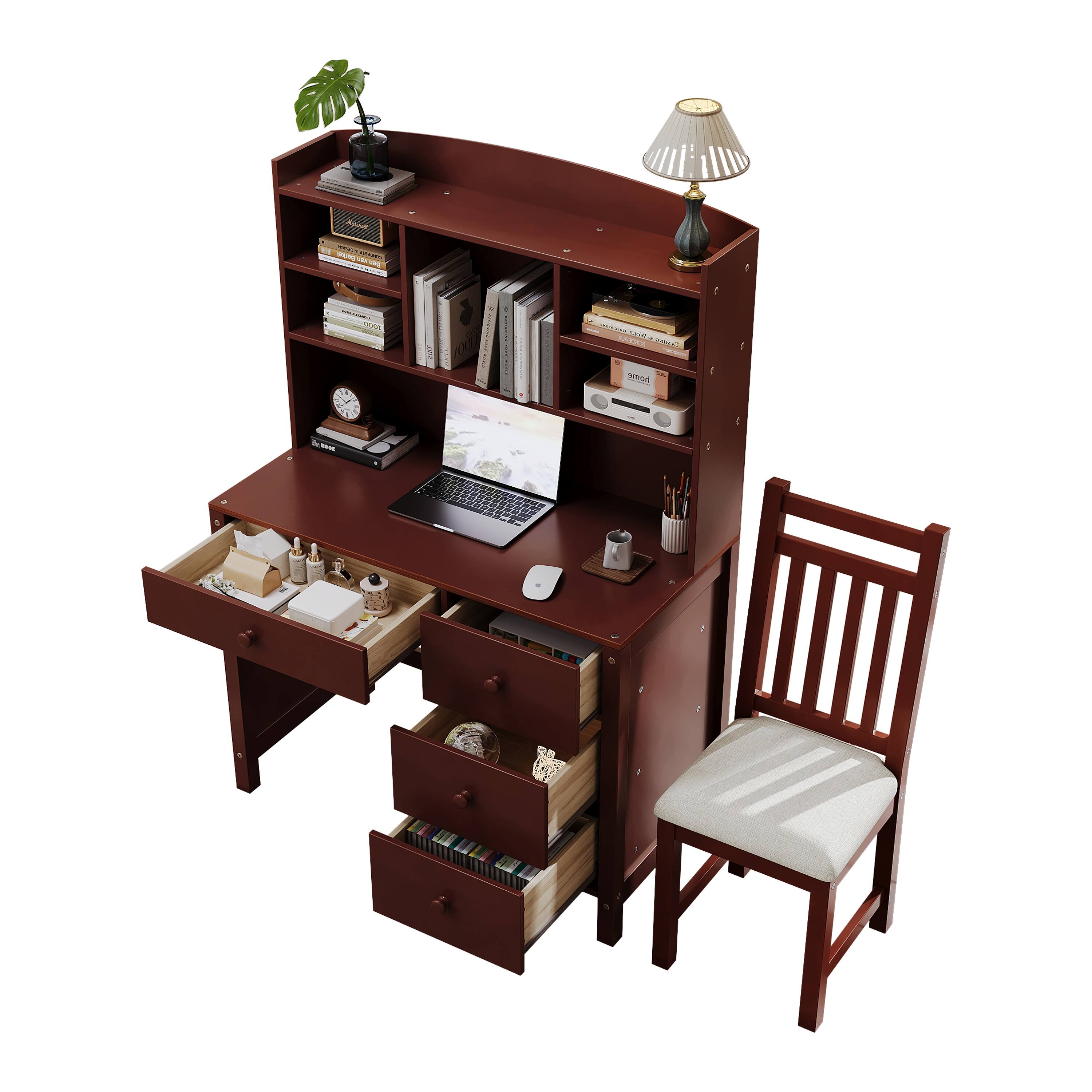 Alt View 10. Glintex - 40'' Executive Desk & Upholstered Chair Set – Classic Retro Design with Built-In Bookshelf, Drawers & Spacious Workspace - Espresso.