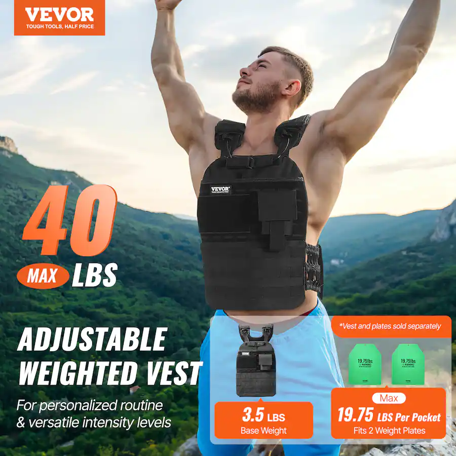 VEVOR Weighted Vest, 40lb Weight Vest, Adjustable Body Weight Jacket