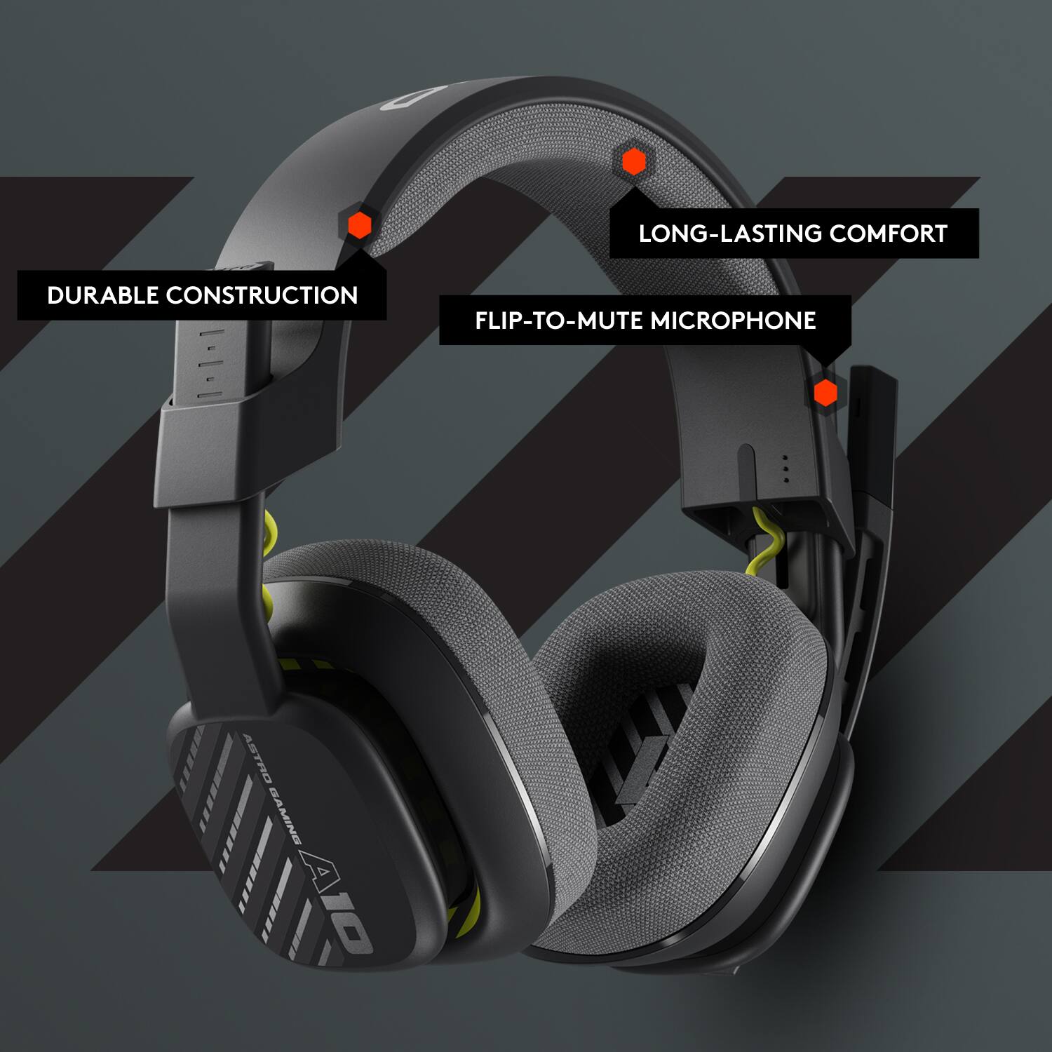 The text on the image reads: "Durable construction - Long-lasting comfort - Flip-to-mute microphone - ASTRO GAMING."
