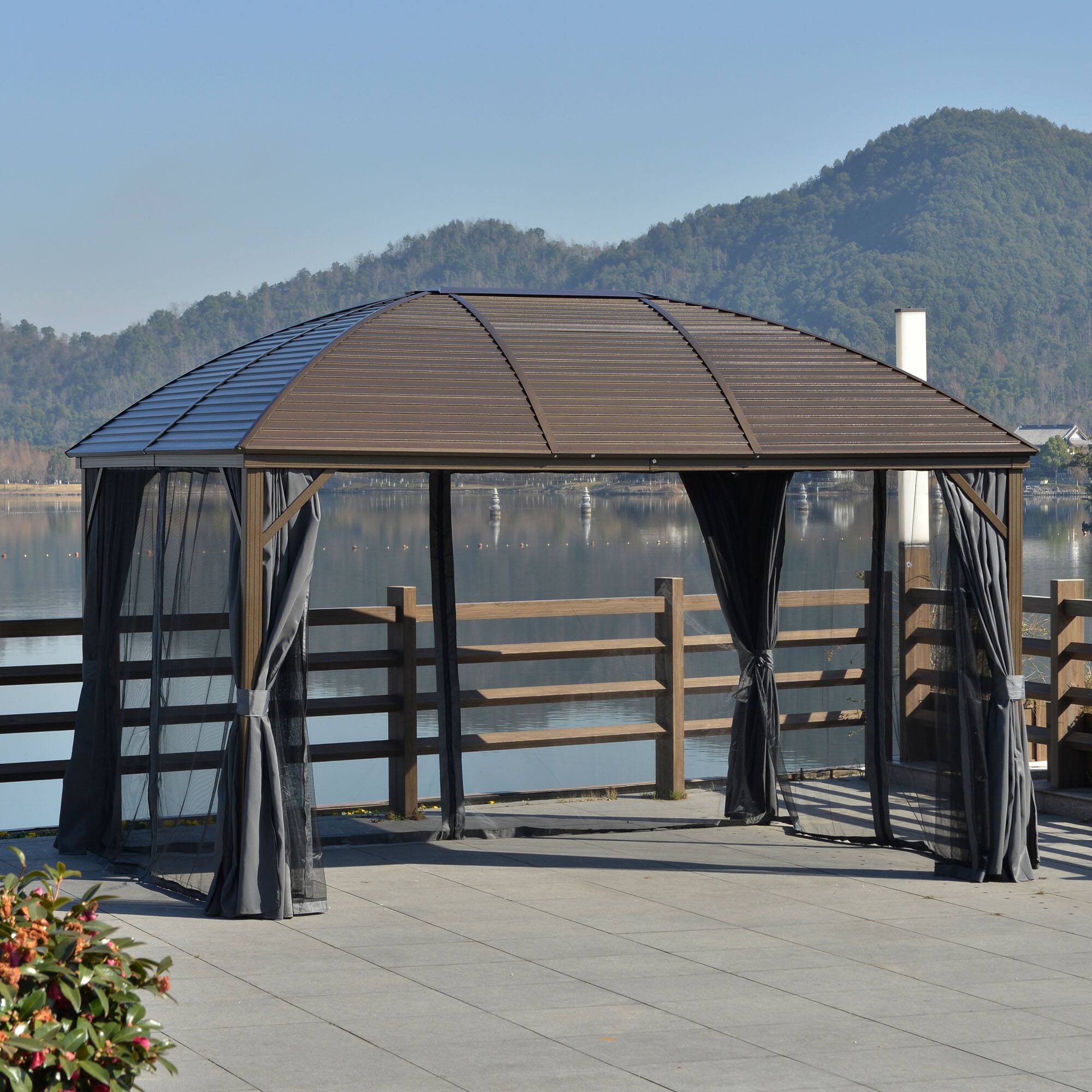 Alt View 1. Outsunny - 10' x 13' Hardtop Gazebo Canopy with Galvanized Steel Roof, Aluminum Outdoor Pavilion Gazebo with Top Hook, Netting - Dark Gray.