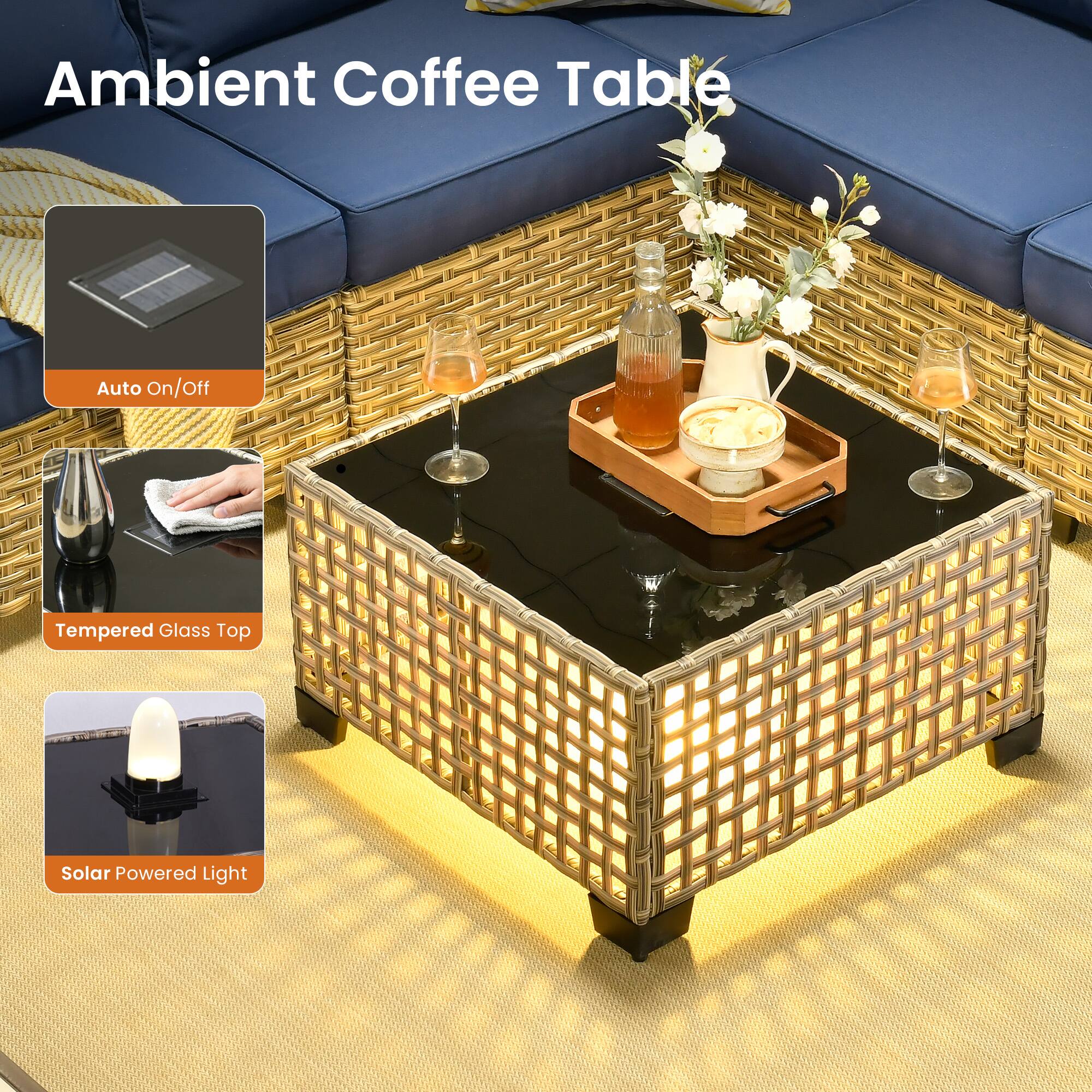 Ambient Coffee Table

- Auto On/Off
- Tempered Glass Top
- Solar Powered Light