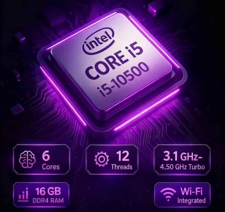 Intel Core i5-10500  
6 Cores  
12 Threads  
3.1 GHz - 4.50 GHz Turbo  
16 GB DDR4 RAM  
Wi-Fi Integrated
