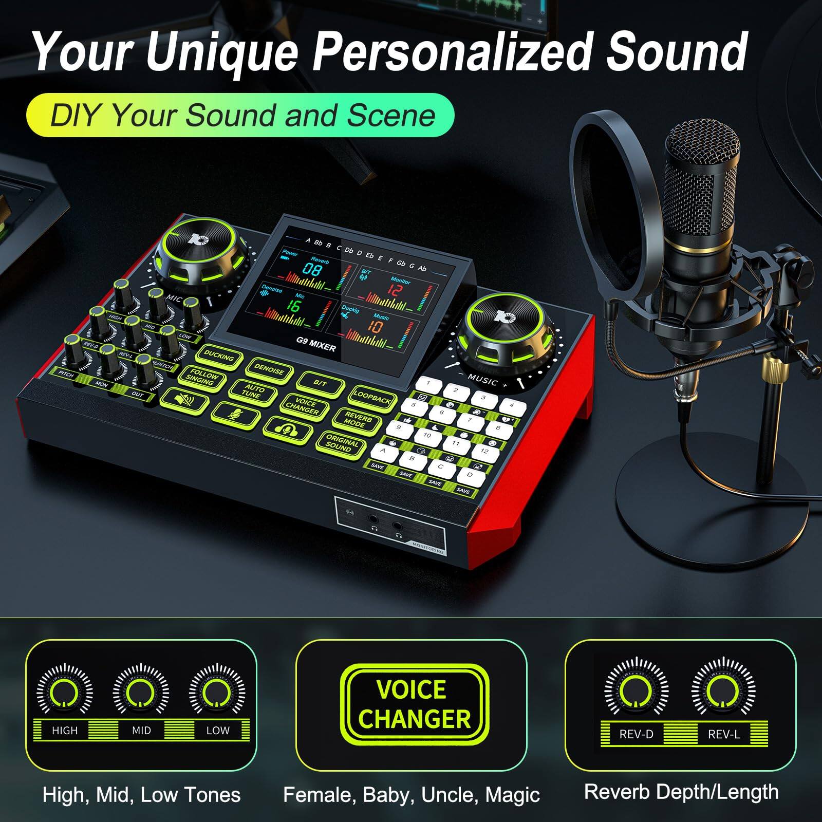 Your Unique Personalized Sound

DIY Your Sound and Scene

- High, Mid, Low Tones
- Female, Baby, Uncle, Magic
- Reverb Depth/Length

VOICE CHANGER

- High, Mid, Low Tones
- Female, Baby, Uncle, Magic
- Reverb Depth/Length

G9 MIXER

- DUCKING
- DENOISE
- AUTO TUNE
- LOOPBACK
- VOICE CHANGER
- REVERB
- 2 O a a . M SOUND ORIGUNL

SAUE - SUR 1 SAVE AA HIGH MID LOW

MUTA M 12 MIC 16 Cchos koltwntthhl M 10 COT G9 MIXER NT DUCKNG ntn DENOISE SINIGING 2ISLUW MUSIC B/T . AUTO a DUT TUNE LOOPBACK R a  VOICE . F a CHANGER . - MODE REVERD - 2 O a a . M SOUND ORIGUNL ." d 4  12 a  SAUE  - SUR 1 SAVE AA HIGH MID LOW