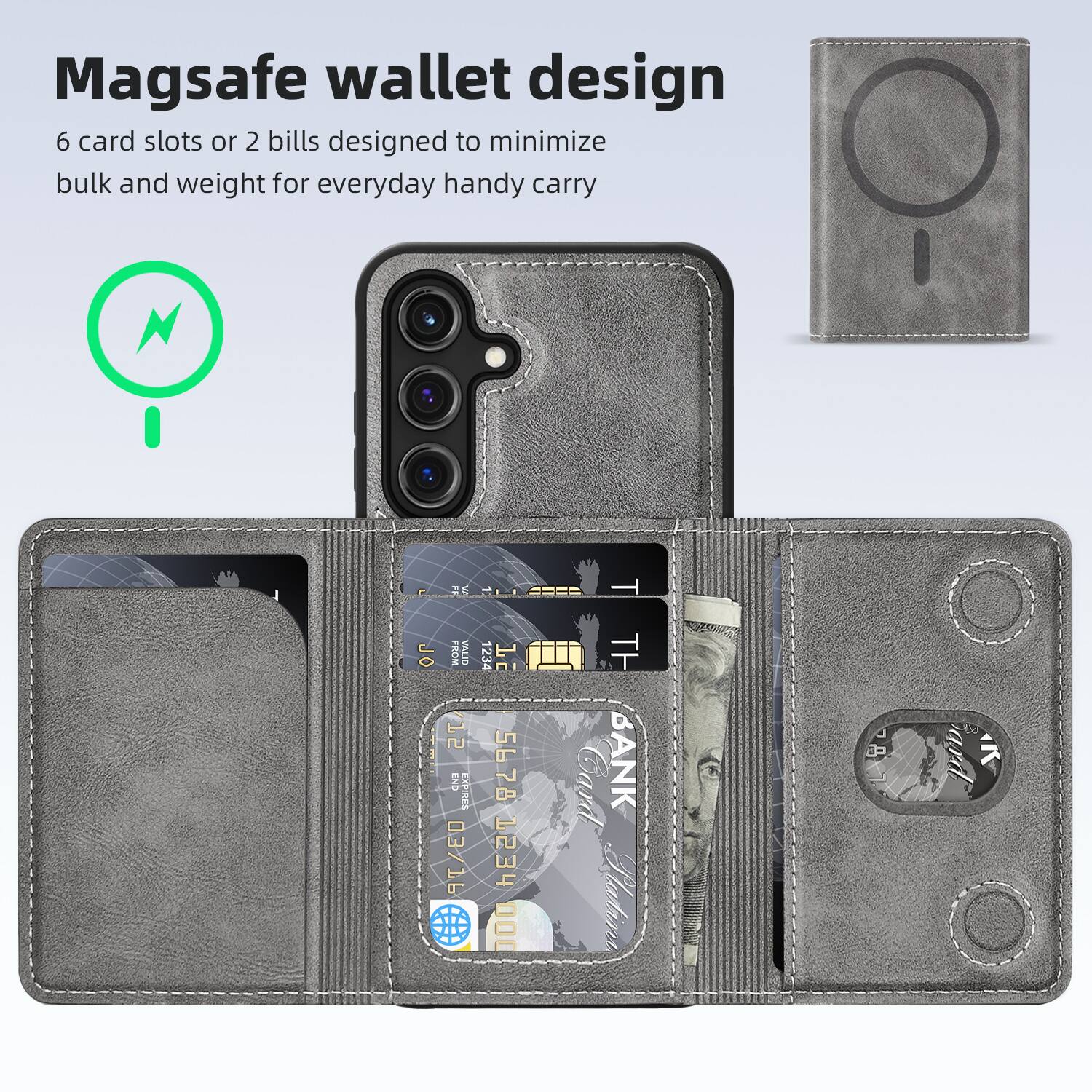 Magsafe wallet design  
6 card slots or 2 bills designed to minimize bulk and weight for everyday handy carry
