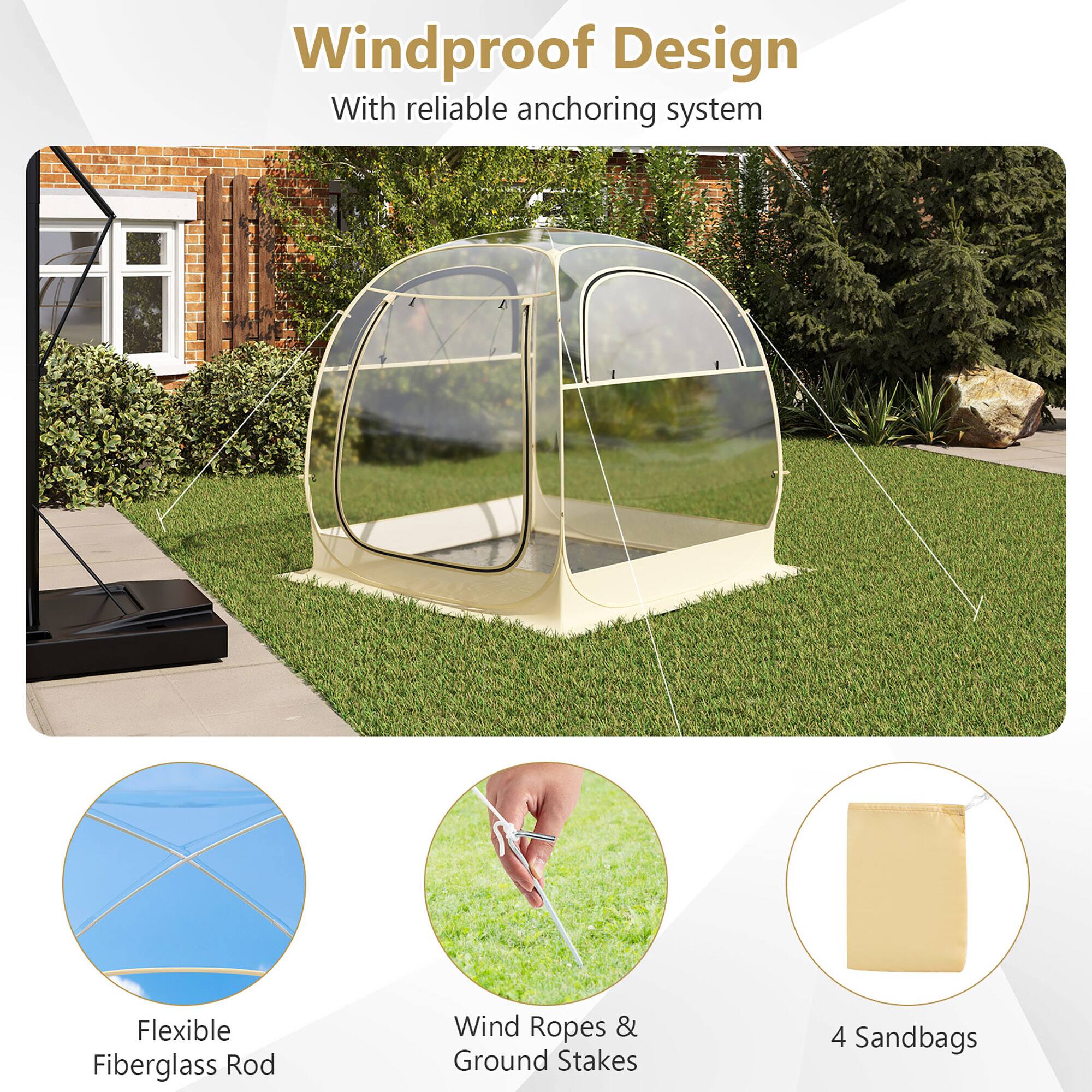 Windproof Design  
With reliable anchoring system  

Flexible Fiberglass Rod  
Wind Ropes & Ground Stakes  
4 Sandbags