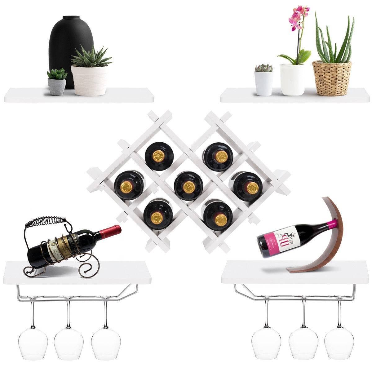 Angle. Hivvago - White 5-Piece Wall Mounted Wine Rack Set with Storage Shelves - White.