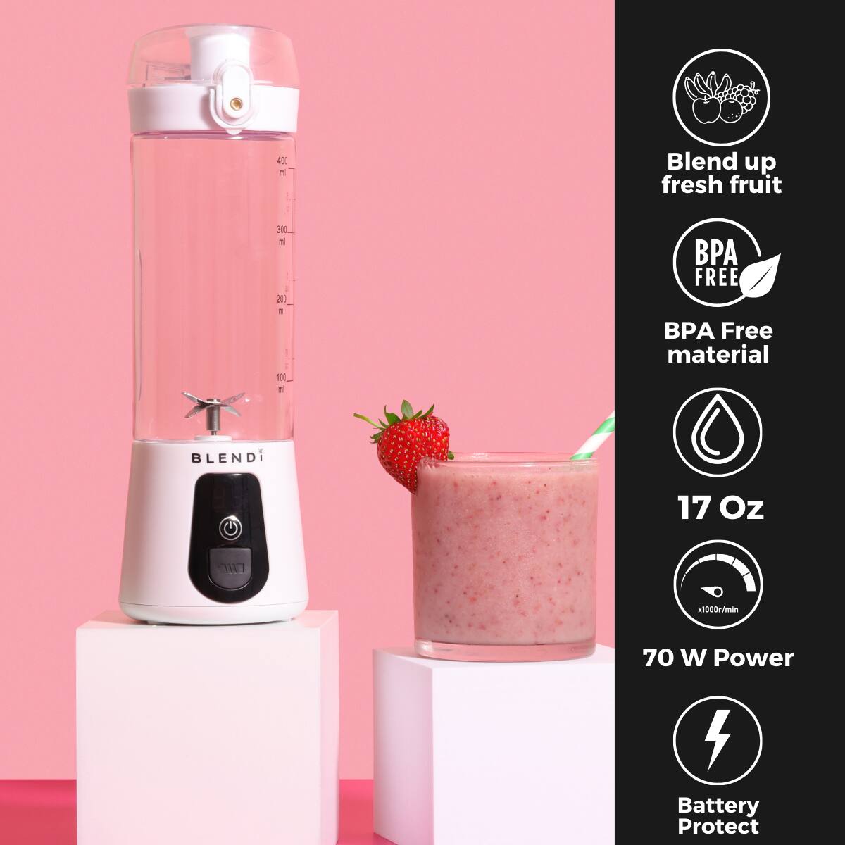 - Blend up fresh fruit
- BPA Free material
- 17 Oz
- 70 W Power
- Battery Protect
