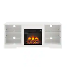 Boyel Living - 57.87-in Electric Fireplace TV Stand for TVs up to 62-in with Glass Shelves LED Lights - White