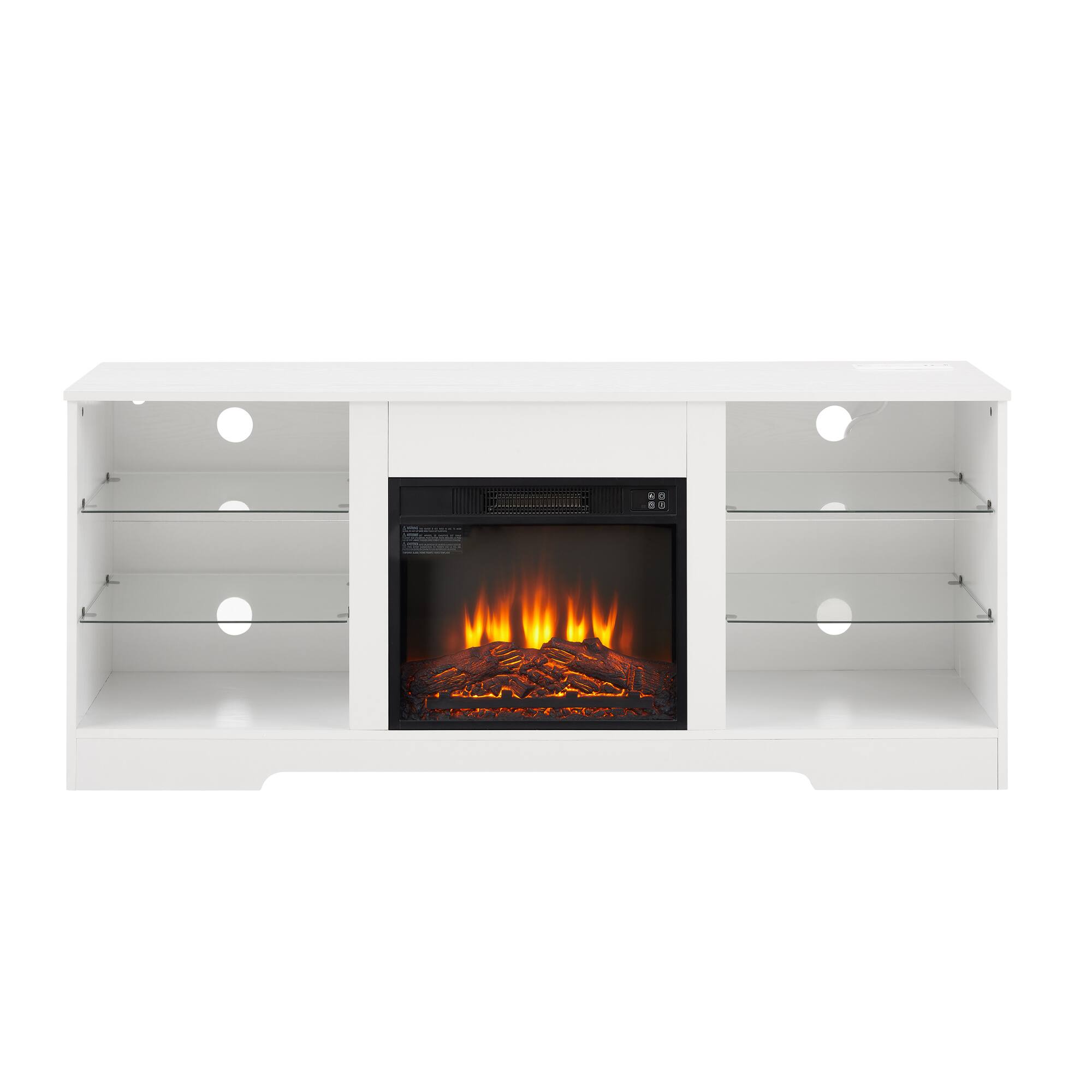 Front. Boyel Living - 57.87-in White Electric Fireplace TV Stand for TVs up to 62-in with Glass Shelves LED Lights - White.