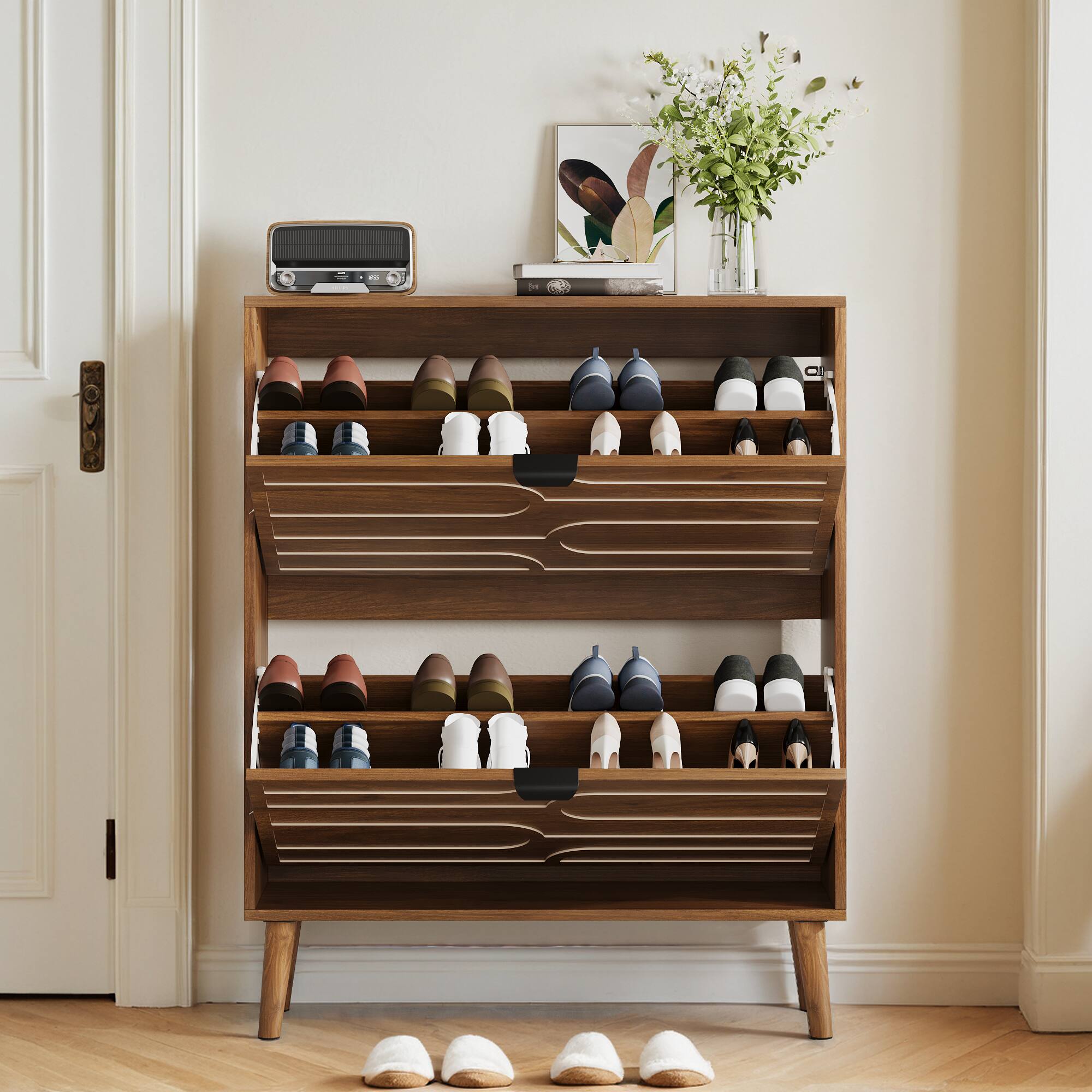 Angle. MERAVOM - Shoe Cabinet with 2 Flip Drawers, Freestanding Shoe Cabinet Organizer with Metal Handle, Narrow Shoe Rack for Entryway - Brown.