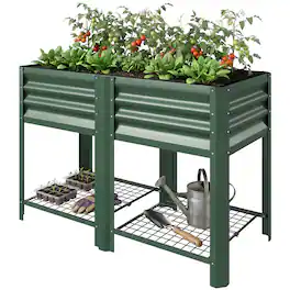 Outsunny - Garden Bed Galvanized Steel, Elevated Planter Box with Storage Shelf, Bed Liner - Green
