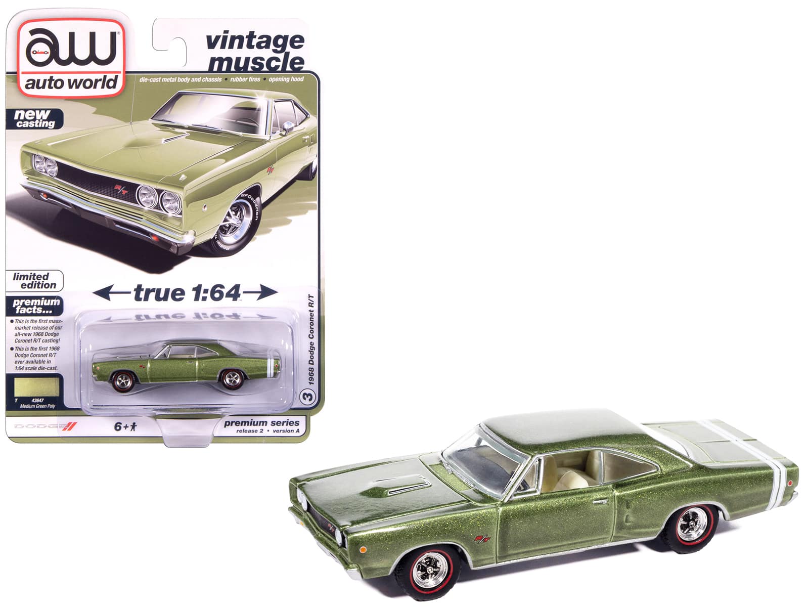 "Autoworld - 1968 Dodge Coronet R/T Medium Green Metallic with White Interior ""Vintage Muscle"" 1/64 Diecast Model Cars by Auto World" price history on PriceWatchPro