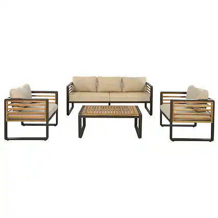 Front. Whisen - 4-Piece Acacia Wood & Metal Patio Conversation Sofa Set for 5, with 4-Inch Thick Removable Cushions - Brown.