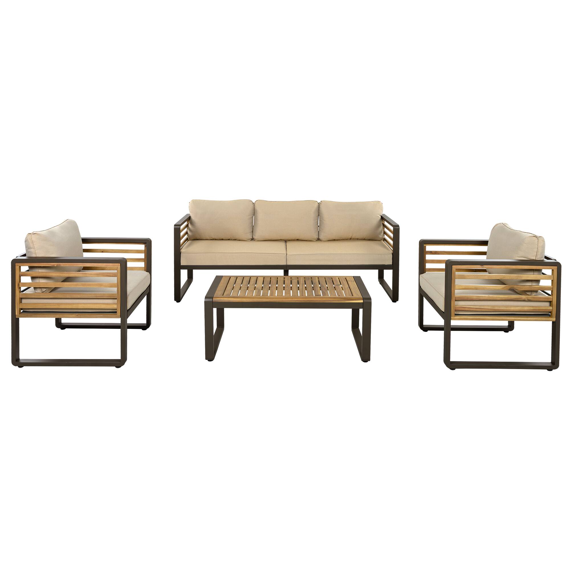 Front. Whisen - 4-Piece Acacia Wood & Metal Patio Conversation Sofa Set for 5, with 4-Inch Thick Removable Cushions - Brown.