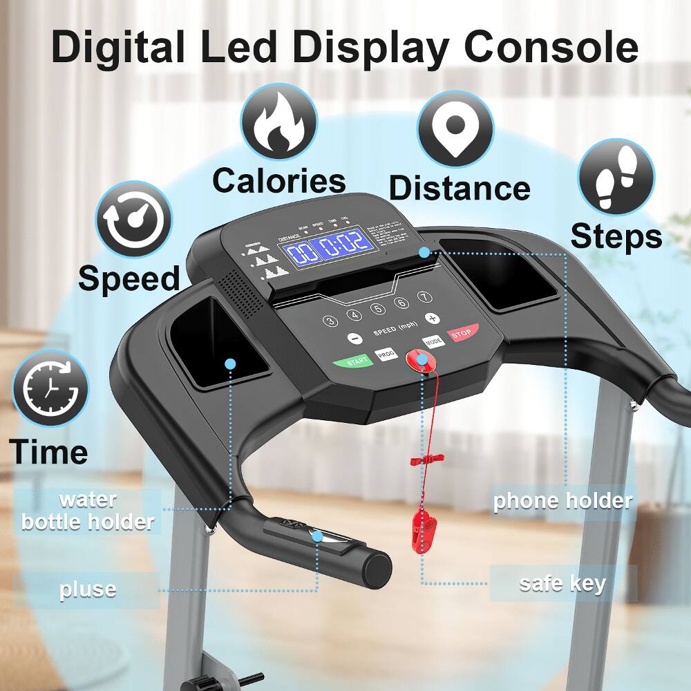 Digital Led Display Console  
Calories  
Distance  
Steps  
Speed  
Time  
water bottle holder  
phone holder  
pulse  
safe key