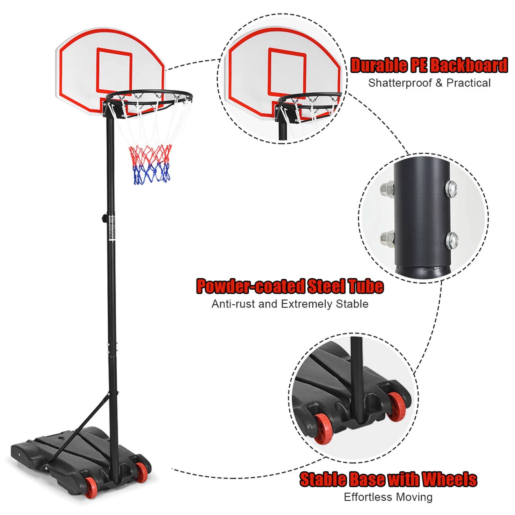 Durable PE Backboard, Shatterproof & Practical, Powder-coated Steel Tube, Anti-rust and Extremely Stable, Stable Base with Wheels, Effortless Moving.