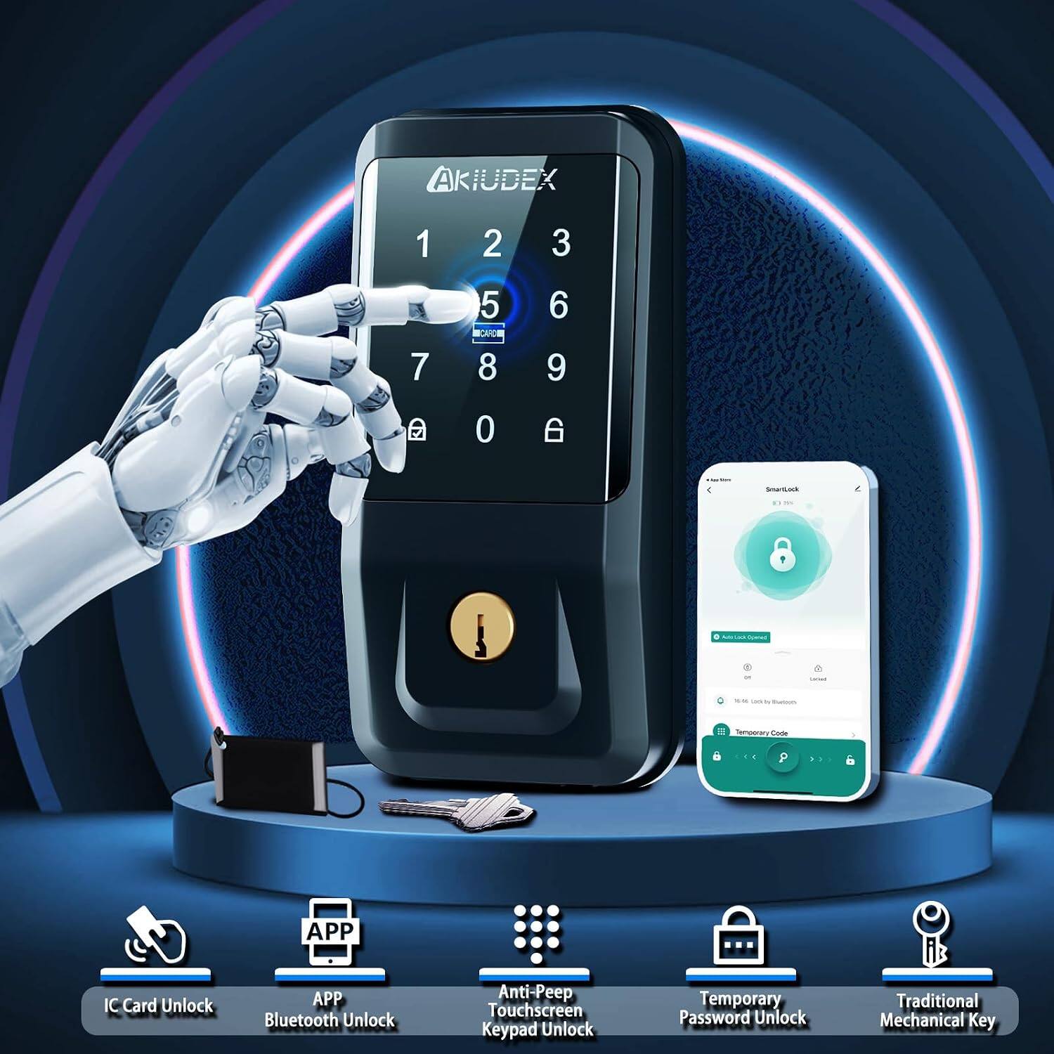 AKIUD EX

1 2 3 7 5 CECE 8 6 9 ED 0 6 STLAS 1

Temoonacy Code

APP IC Card Unlock APP Bluetooth Unlock Anti-Peep Touchscreen Keypad Unlock Temporary Password Unlock Traditional Mechanical Key