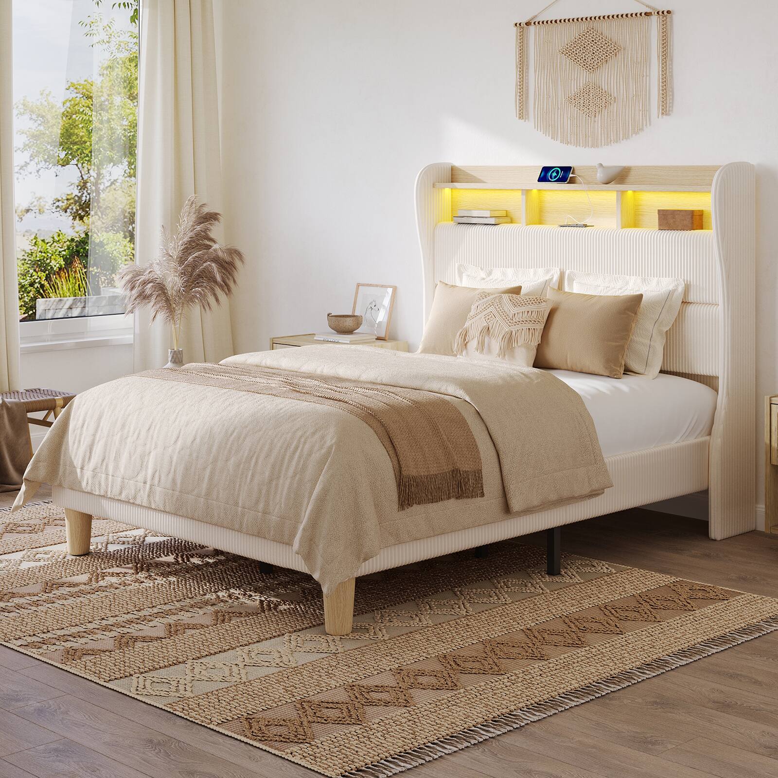 Back. Bestier - Upholstered Platform Bed Frame - 51" Tall Storage Headboard with Charging Station, RGB LED Lights & Corduroy Fabric - Off White.