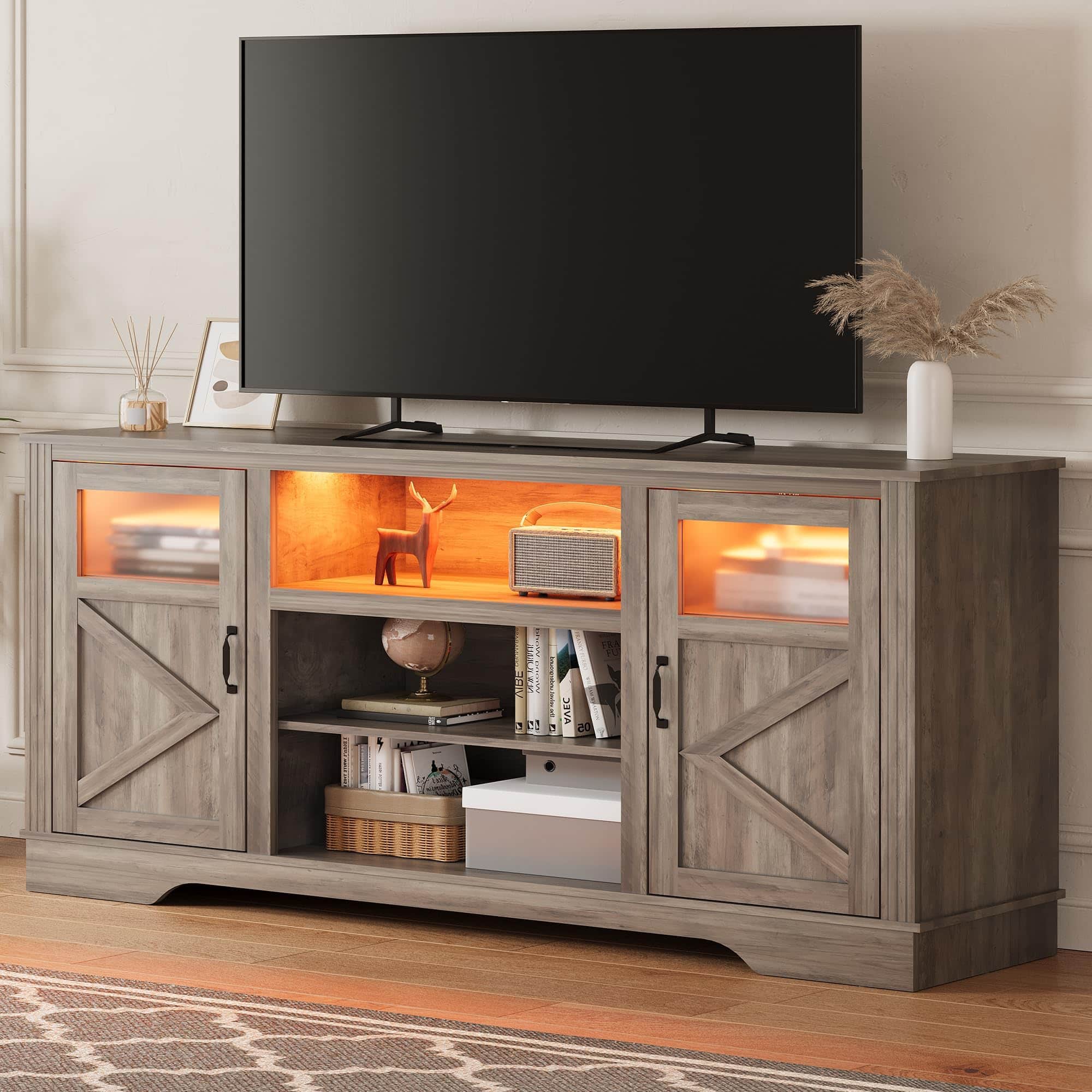 Acekool - Farmhouse TV Stand with LED Lights,Entertainment Center for 65/60/55 Inches Televisions,TV Console with Storage Cabinets - Gray
