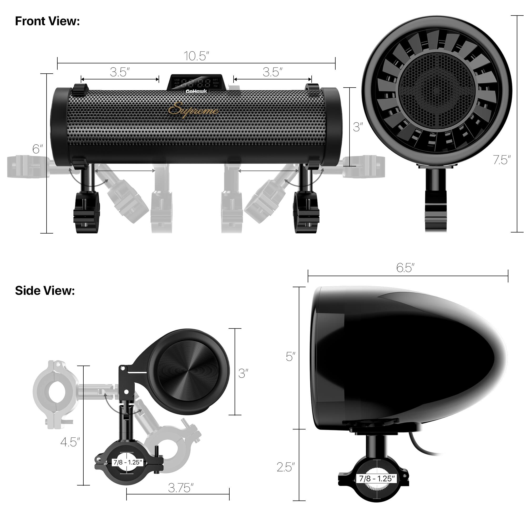 Front View:
- 3.5K
- 10.5"
- 3.5"
- 3"
- 6"
- 7.5"
- 6.5"

Side View:
- 3"
- 5"
- 4.5"
- 7/8-1.25"
- 3.75"
- 2.5"
- 7/8-1.25"