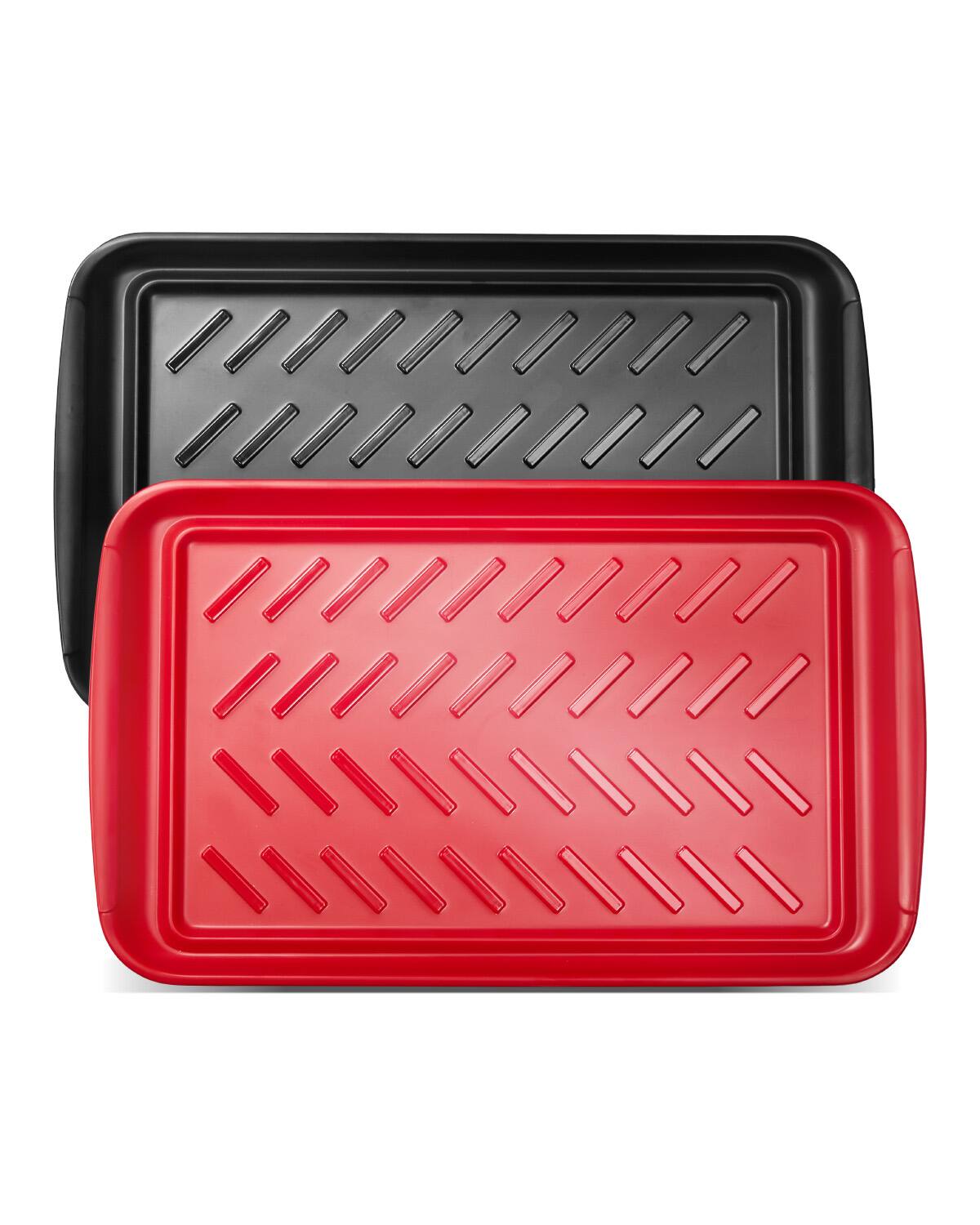 VEVOR - Plastic Serving Trays, 2-Pack Grilling Prep and Serve Trays with Handles , 17x10.35 Inch Anti-Slip Melamine Food Tray - One all black, one all red