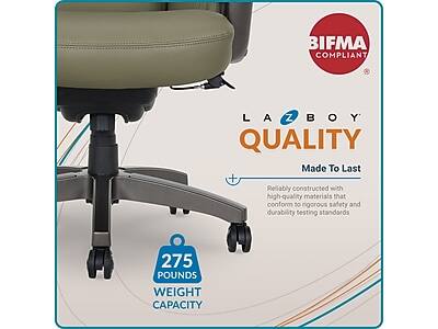 BIFMA COMPLIANT

LA-Z BOY QUALITY
Made To Last

Reliably constructed with high-quality materials that conform to rigorous safety and durability testing standards

275 POUNDS WEIGHT CAPACITY