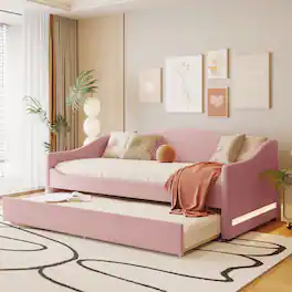 Tiramisubest - Teddy Fleece Twin Size Upholstered Daybed with Light and Trundle, Pink - Pink