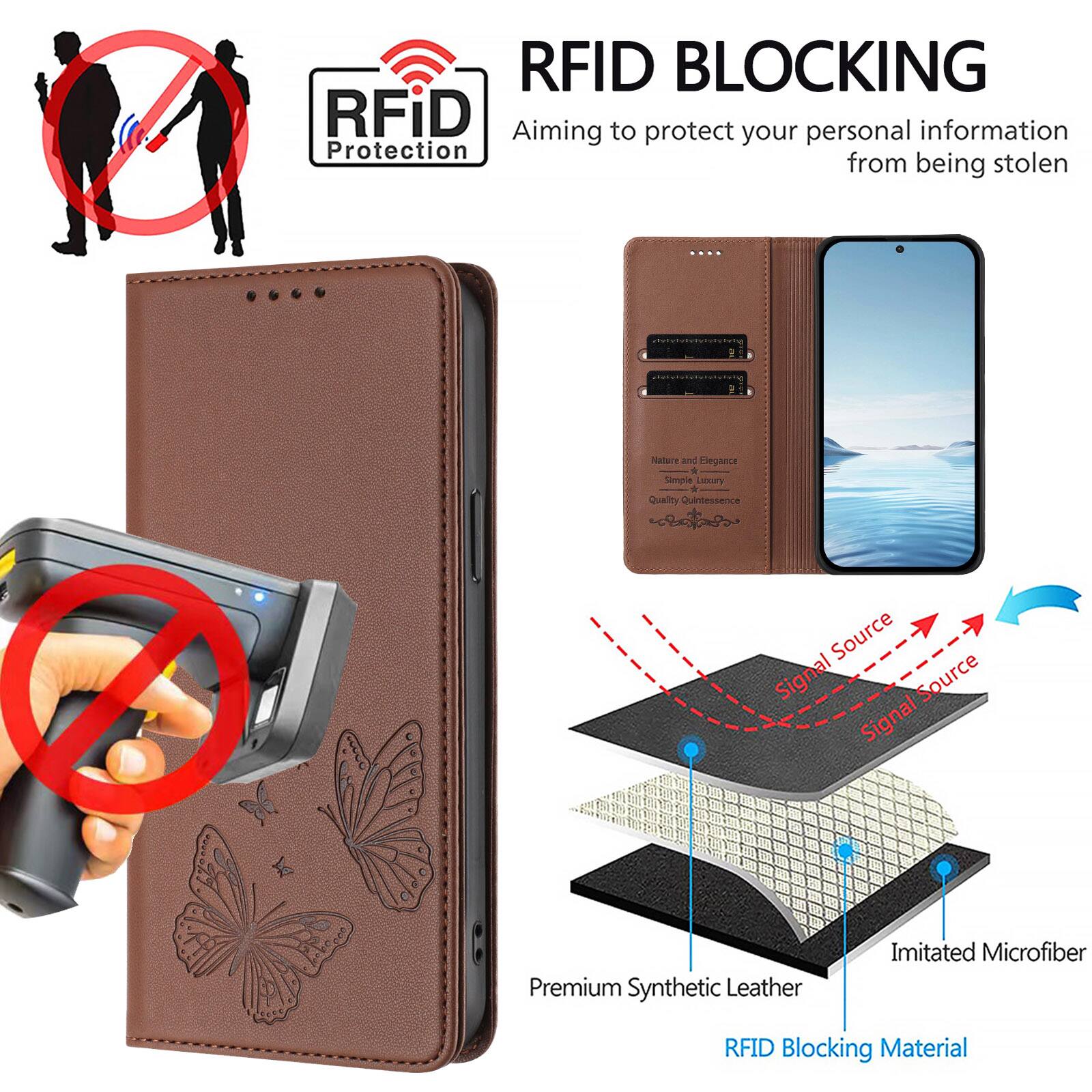 RFID BLOCKING  
Aiming to protect your personal information from being stolen  

Nature and Elegance  
Simple Luxury  
Quality Quinessence  

Premium Synthetic Leather  
Imitated Microfiber  
RFID Blocking Material