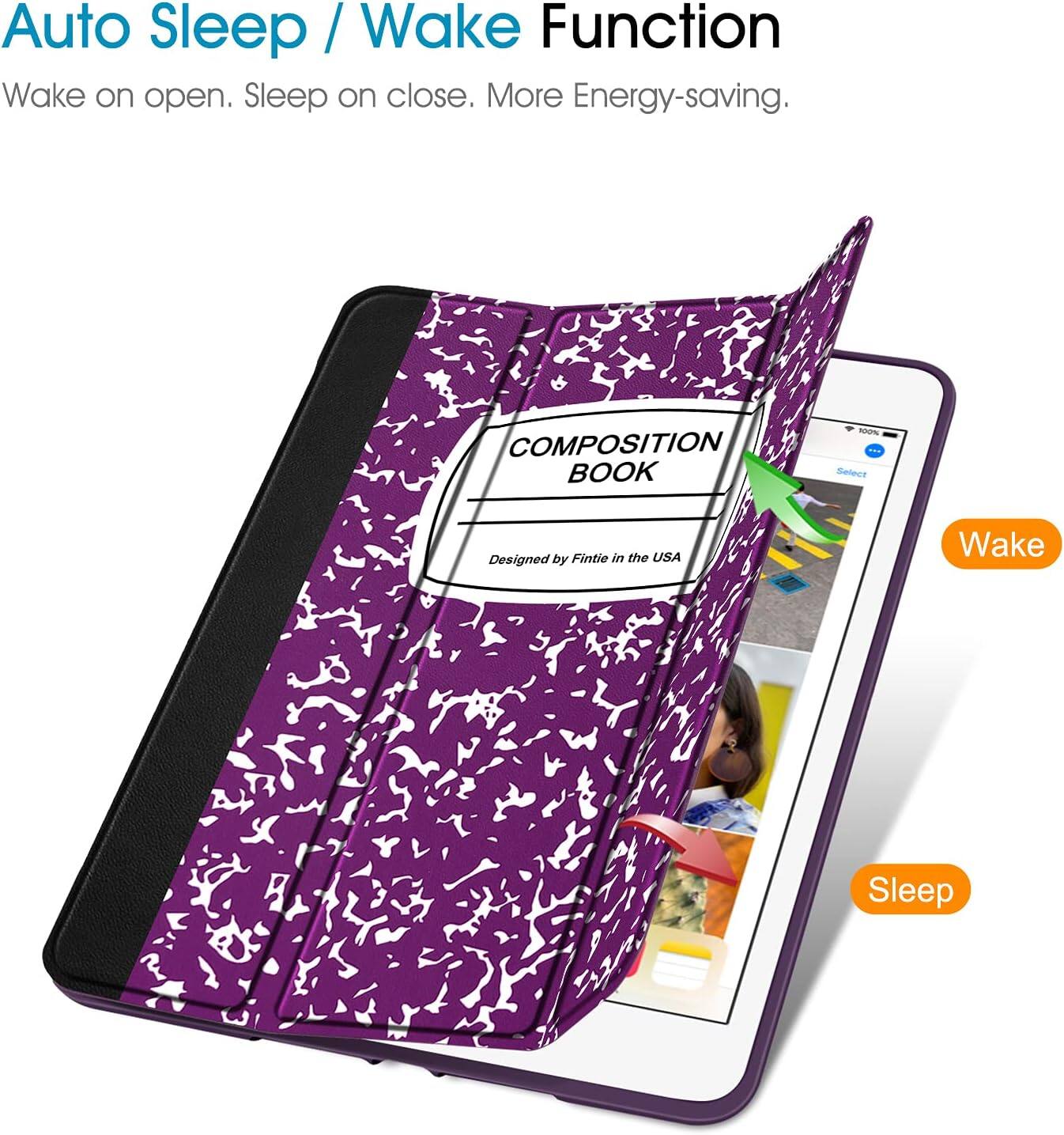 Auto Sleep / Wake Function  
Wake on open. Sleep on close. More Energy-saving.  

COMPOSITION BOOK  
100% Select  
Designed by Fintie in the USA  

Wake  
Sleep