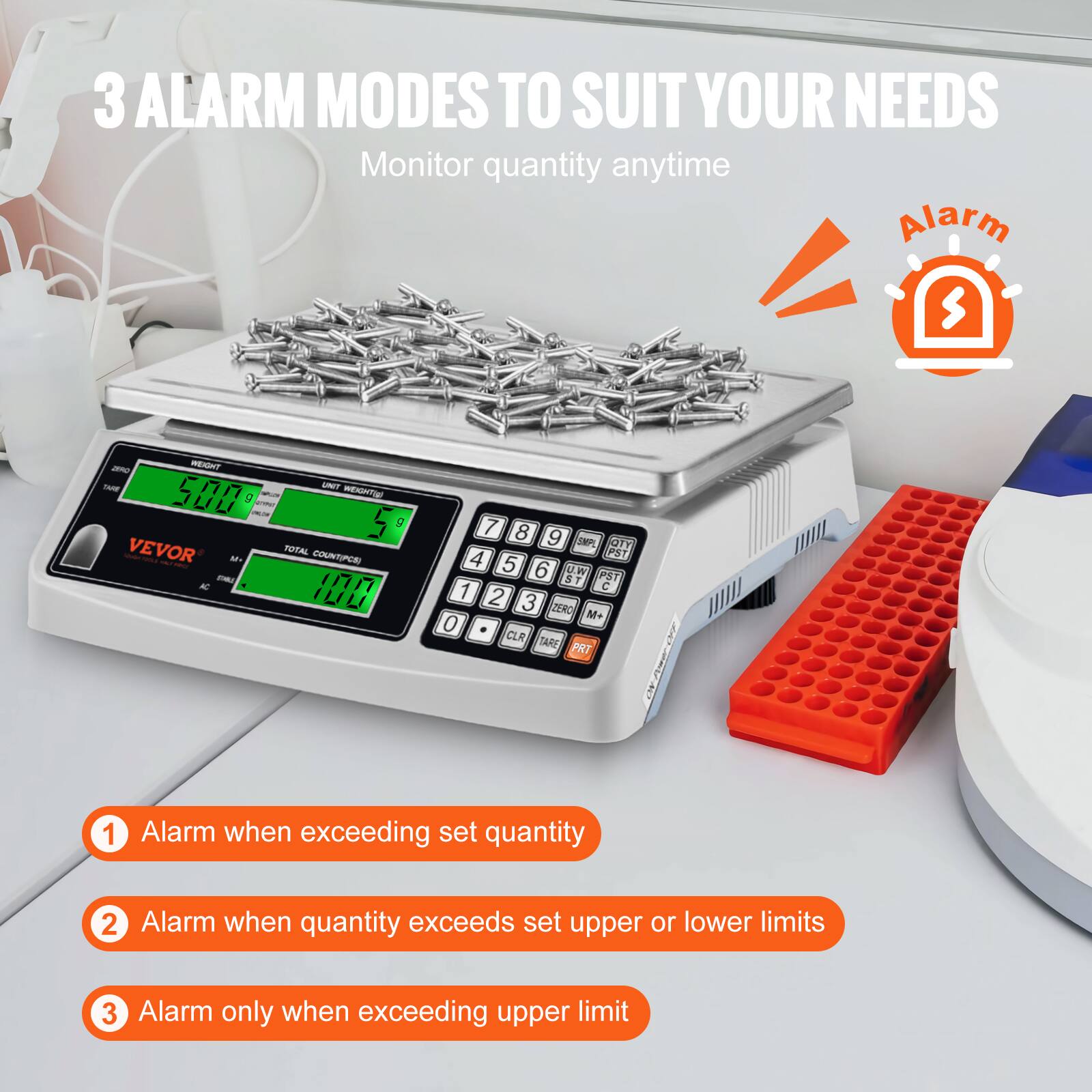 3 ALARM MODES TO SUIT YOUR NEEDS  
Monitor quantity anytime  

1. Alarm when exceeding set quantity  
2. Alarm when quantity exceeds set upper or lower limits  
3. Alarm only when exceeding upper limit
