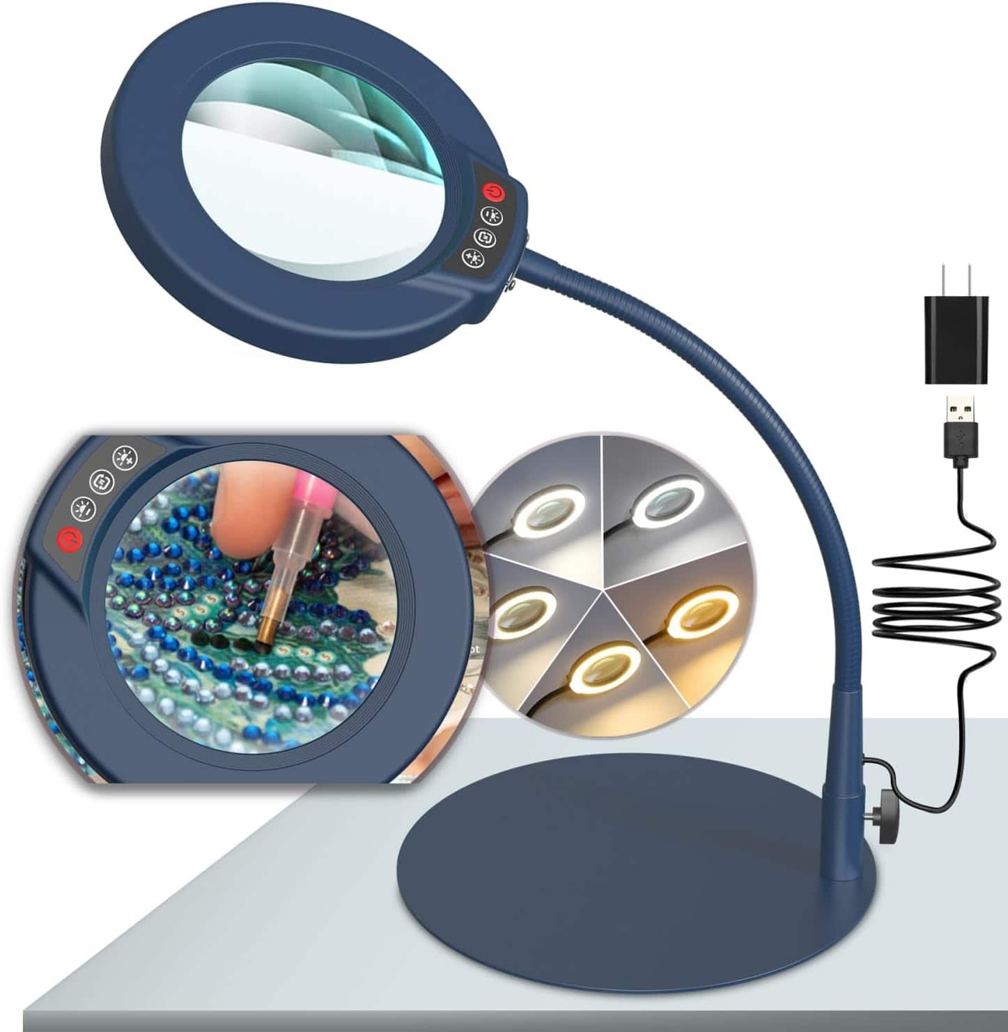 Stamp n Camp - 10X Magnifying Glass with Light and Stand 5 Color Modes Stepless Dimmable LED Lighted Desk Lamp Hands Free Flexible - Blue-10X