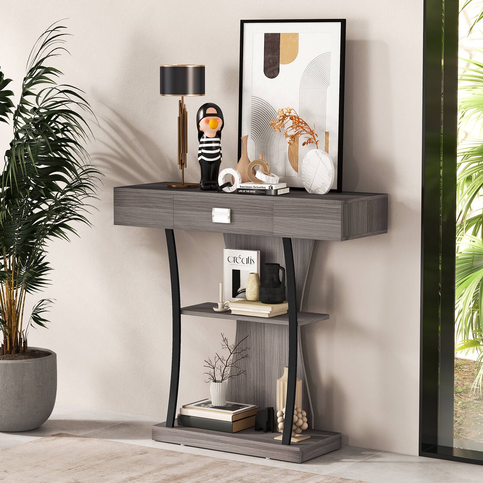 Alt View 7. Ecooso - Console Table with Drawer and 2-Tier Shelves for Entryway Living Room - Grey.