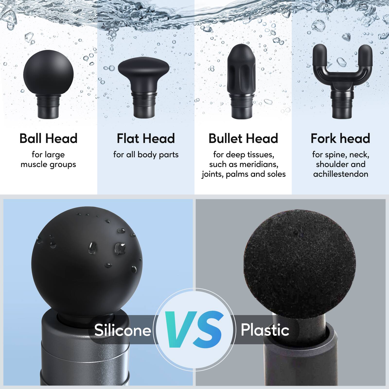 Ball Head  
for large muscle groups  

Flat Head  
for all body parts  

Bullet Head  
for deep tissues, such as meridians, joints, palms and soles  

Fork head  
for spine, neck, shoulder and achilles tendon  

Silicone VS Plastic
