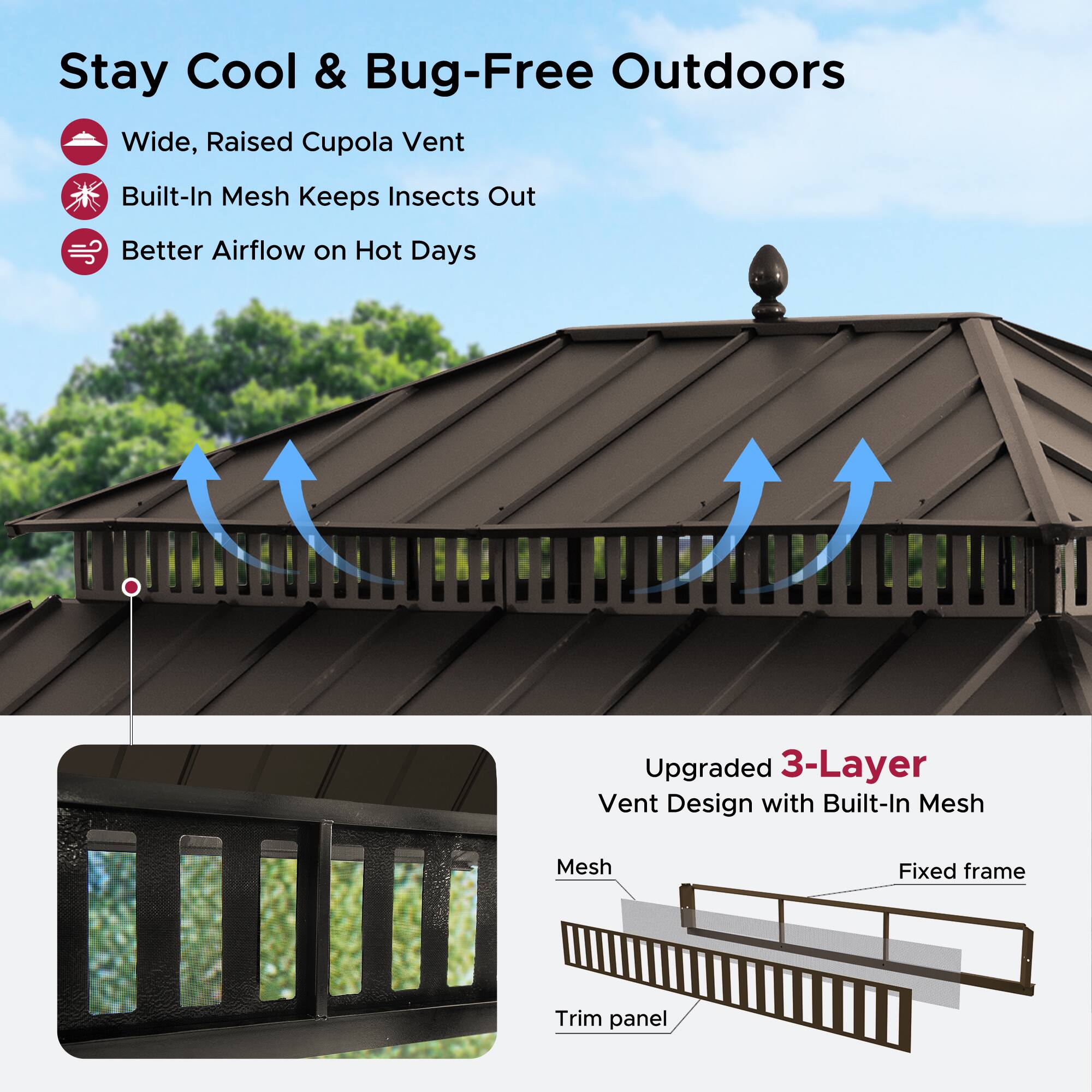Stay Cool & Bug-Free Outdoors

- Wide, Raised Cupola Vent
- Built-In Mesh Keeps Insects Out
- Better Airflow on Hot Days

Upgraded 3-Layer Vent Design with Built-In Mesh

- Mesh
- Fixed frame
- Trim panel