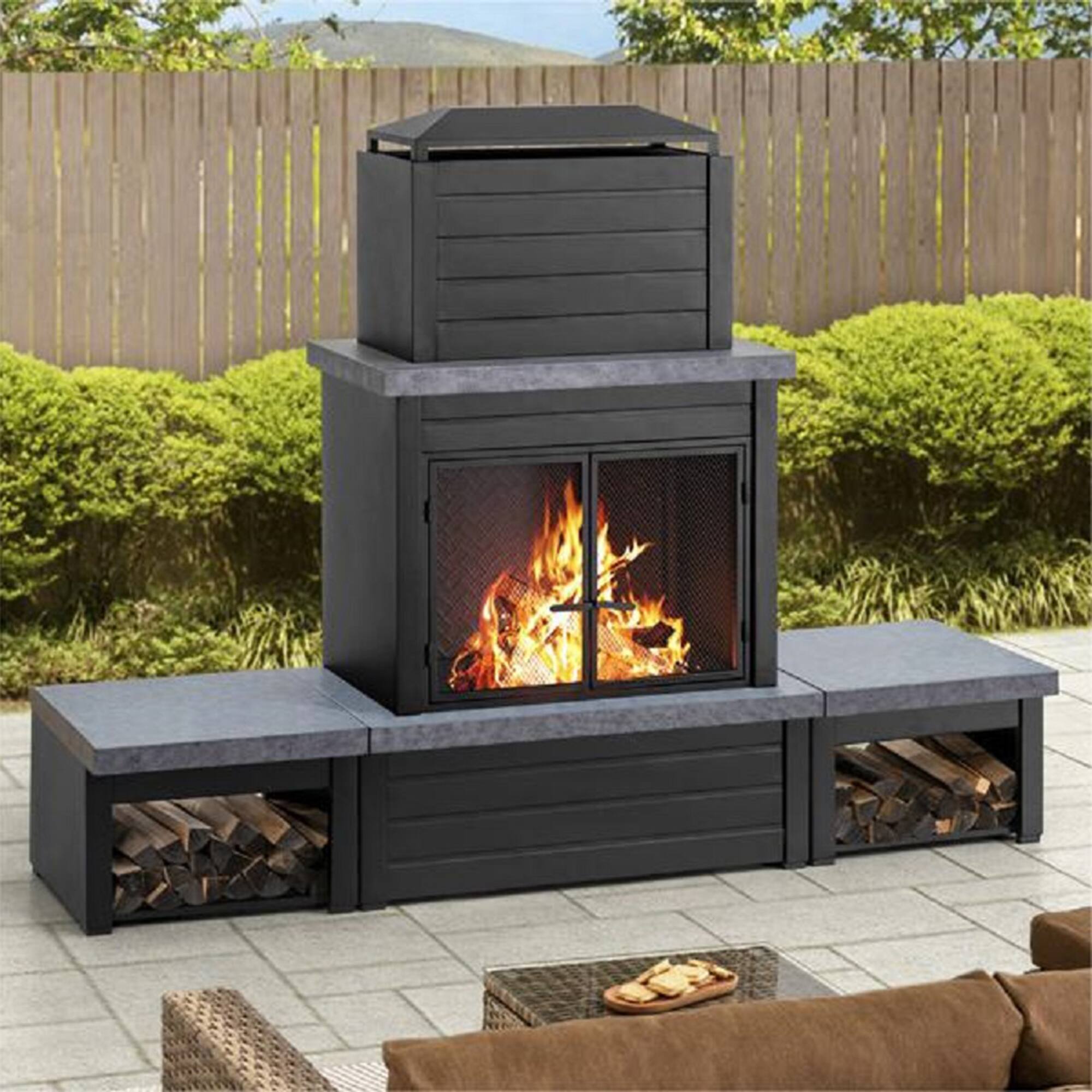 Alt View 4. SUNJOY - Sunjoy Winters Woodburning Fireplace with Log Holder (Set of 3) - Black/Grey - Matte Black.