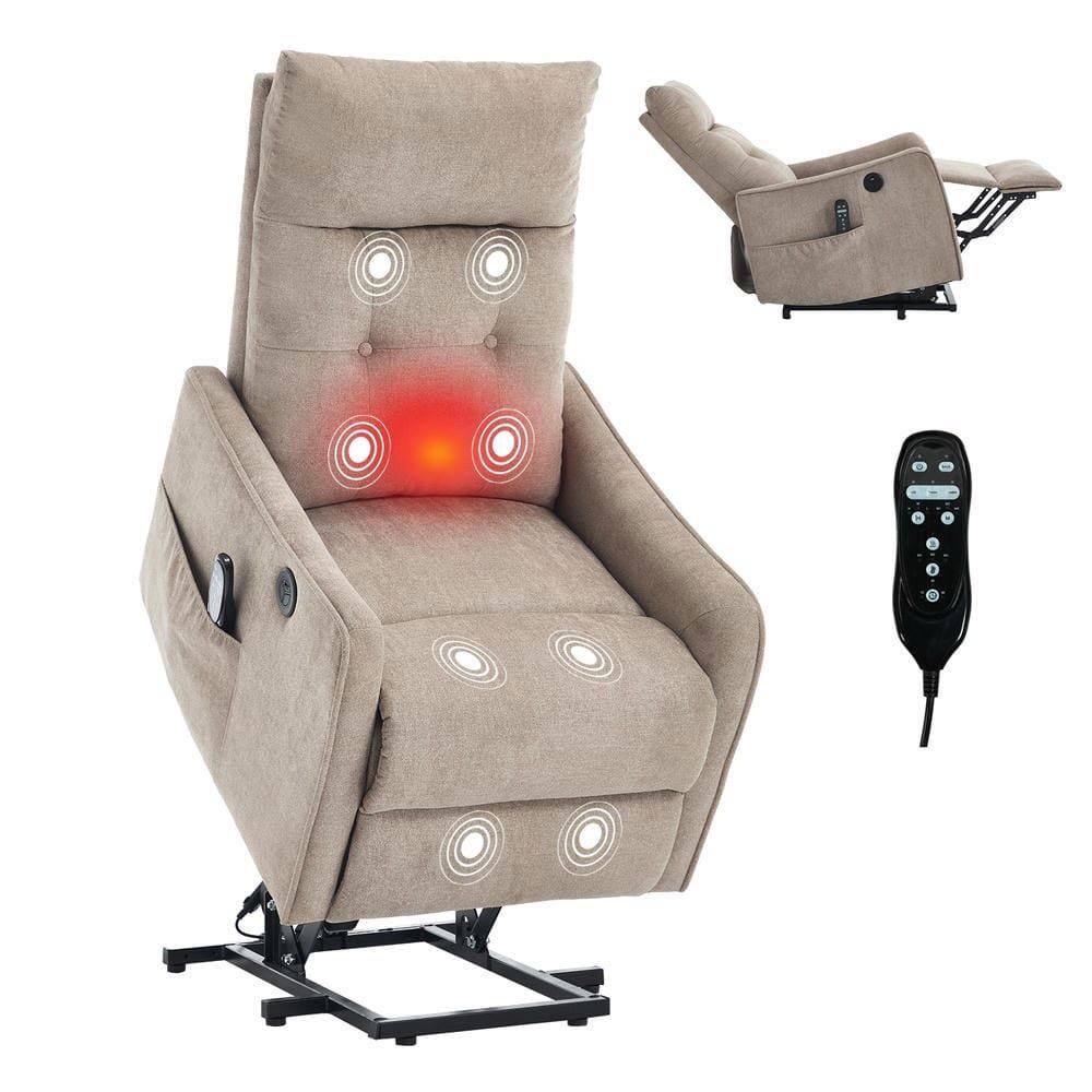 Angle. Kadyn - Power Lift Recliner Chair, Single Motor Massage & Heat, USB Port, 155° Recline, Chenille Fabric, khaki - Brown.