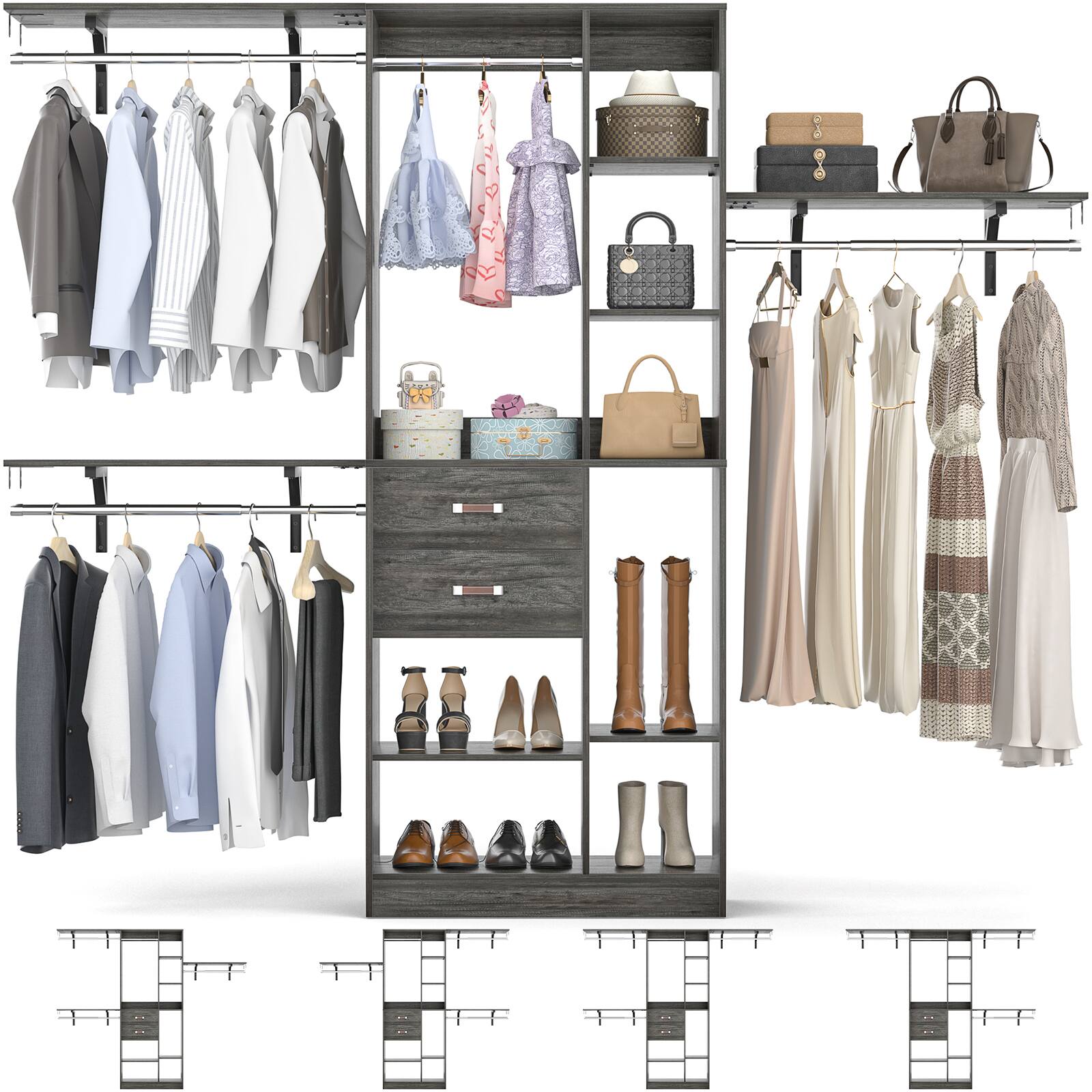 Alt View 2. Aheaplus - Upgraded 96'' Closet System with 13 Storage Shelves, 8FT Open Wardrobe System with 2 Wooden Drawers & 4 Hanging Rods - Gray Oak.