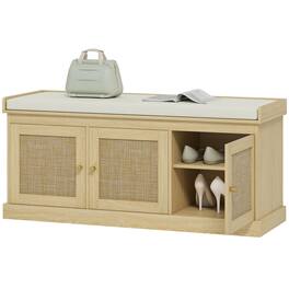 Homcom - Storage Bench with Woven Rattan Doors, Shoe Bench with Cushion, Adjustable Shelves, Entryway Bench - Oak