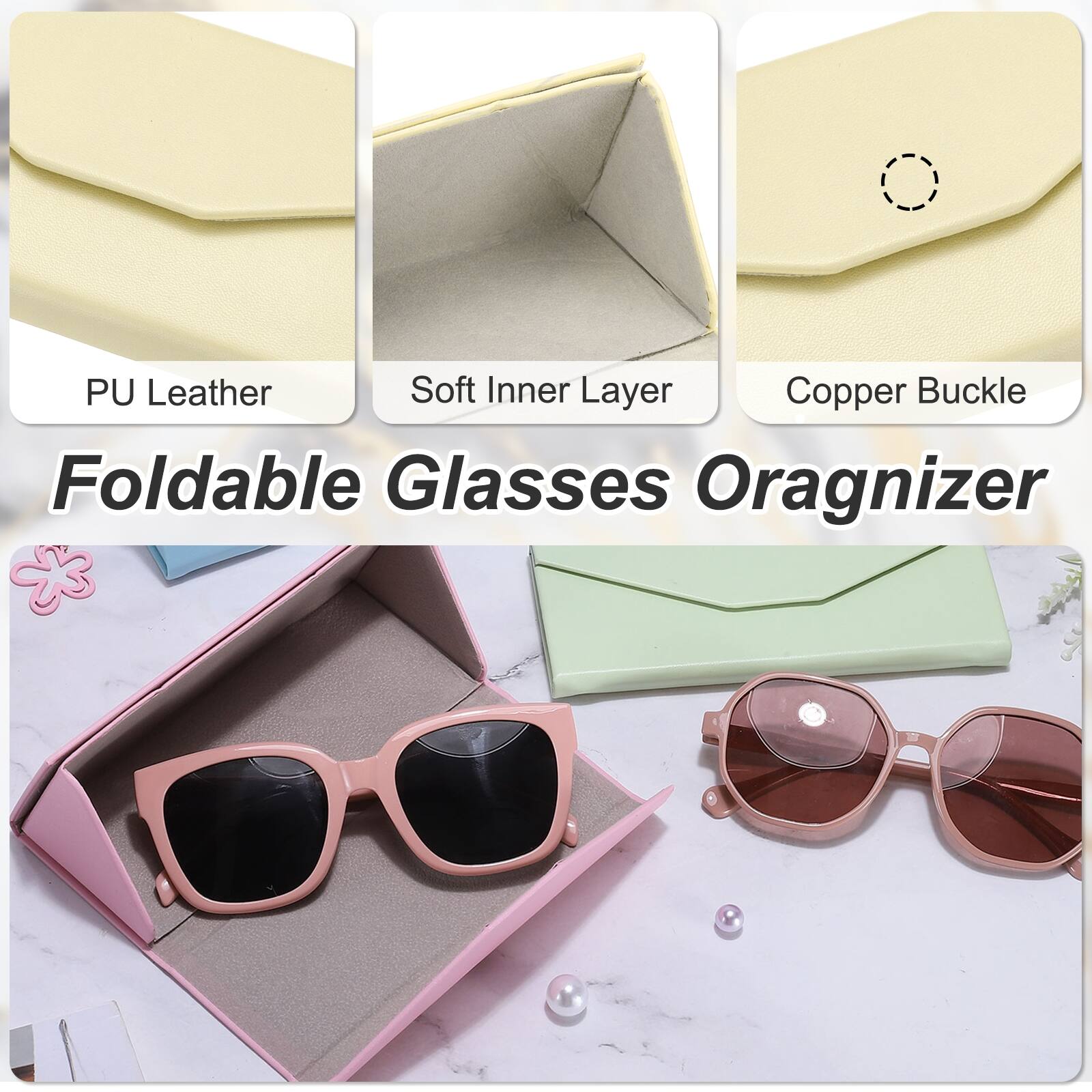 PU Leather Soft Inner Layer Copper Buckle Foldable Glasses Organizer