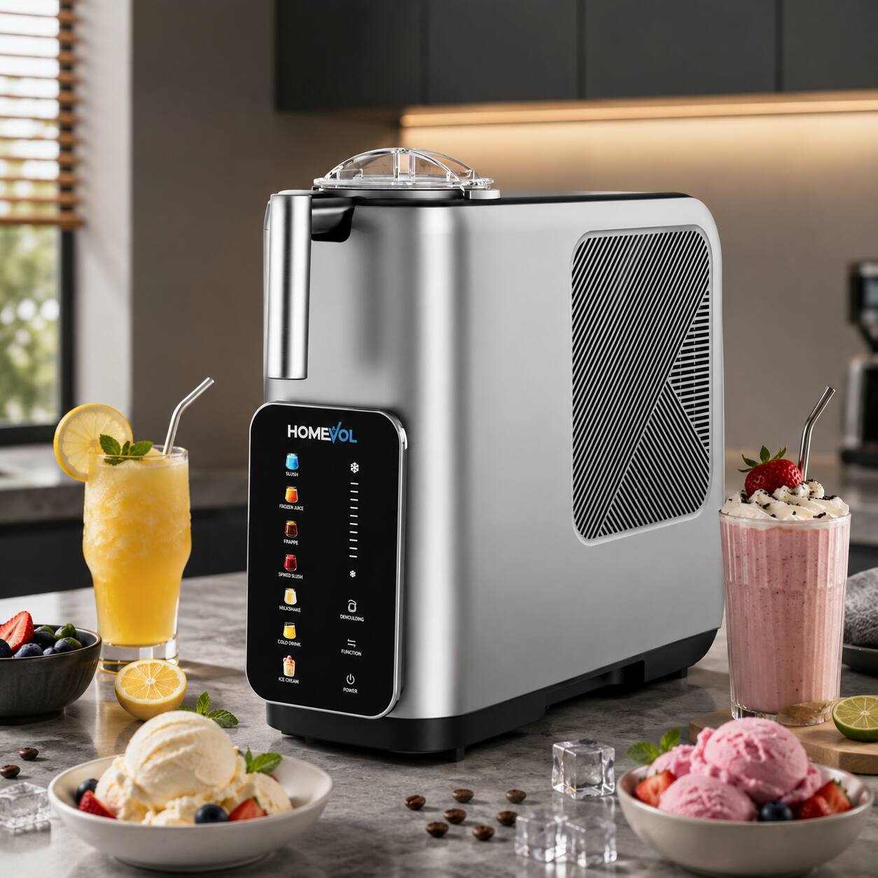 Alt View 4. Homevol - 7-in-1 Frozen Drink Maker – Ice Cream, Slushie, Milkshake, Smoothie, No Pre-Freezing, Compressor,Dishwasher-Safe - Silver.
