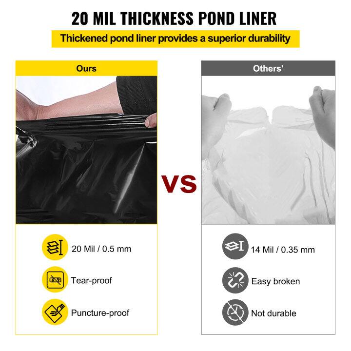20 MIL THICKNESS POND LINER Thickened pond liner provides a superior durability Ours Others' VS 20 Mil / 0.5 mm 14 Mil / 0.35 mm Tear-proof Easy broken Puncture-proof Not durable