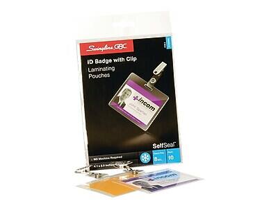 Swingline GBC  
ID Badge with Clip  
Laminating Pouches  

SelfSeal  
No Machine Required  

8 Pack  
10