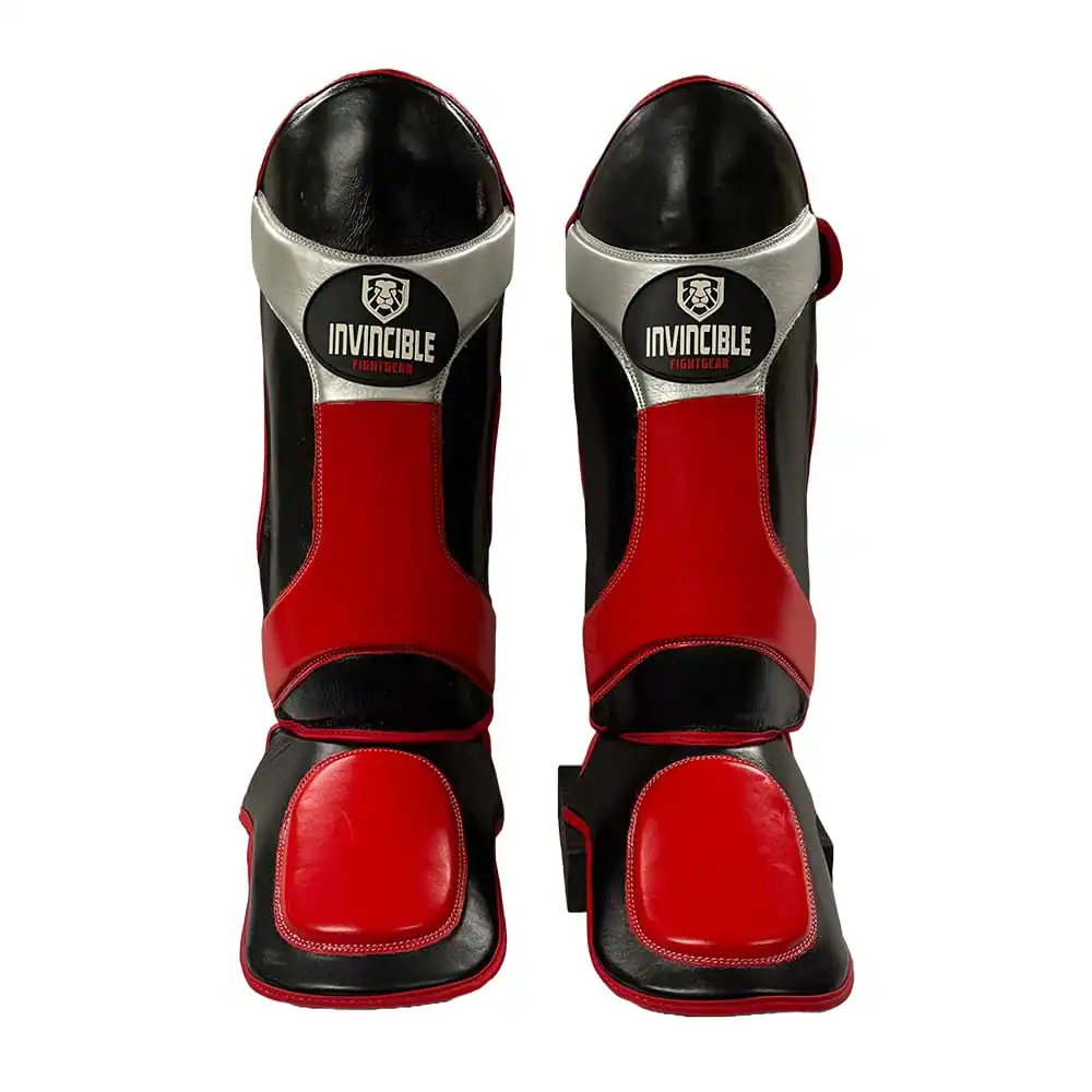 Amber Sporting Goods - Invincible Shin & Instep, Premium Synthetic Leather Shin Guards for Muay Thai, MMA, Martial Arts Training & Sparring - Black/Red/Silver