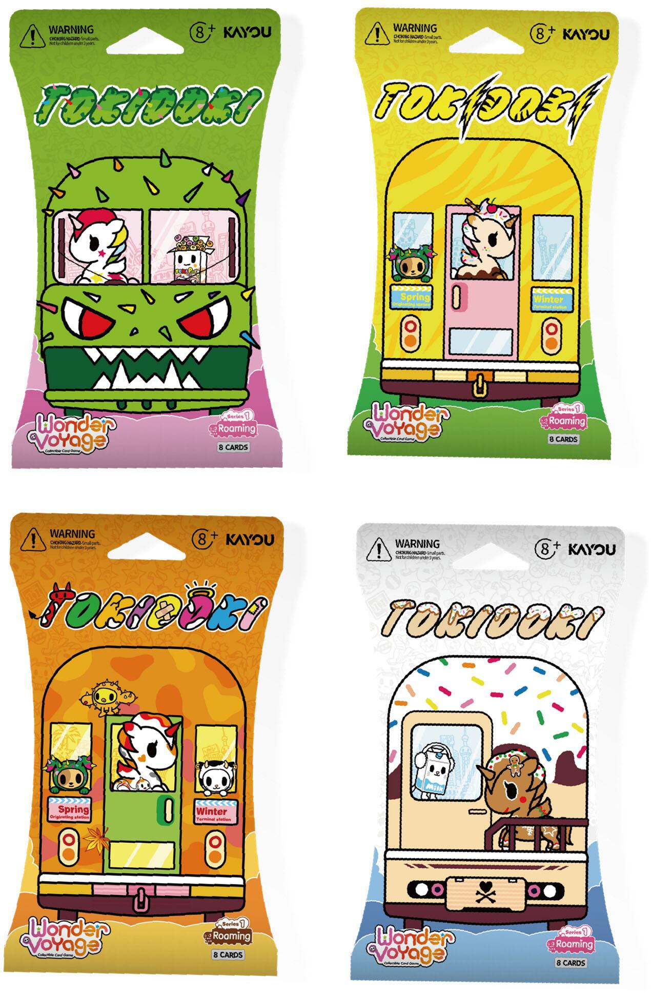 Sure, here is the corrected and grouped text from the image:
---
**Top Left:**
- WARNING
- 8+ KAYOU
- フォクシーロン!
- Wonder Voyage
- Roaming
- 8 CARDS
**Top Right:**
- WARNING
- 8+ KAYOU
- フォクシーロン!
- Wonder Voyage
- Roaming
- 8 CARDS
**Bottom Left:**
- WARNING
- 8+ KAYOU
- フォクシーロン!
- Spring
- Winter
- Wonder Voyage
- Roaming
- 8 CARDS
**Bottom Right:**
- WARNING
- 8+ KAYOU
- フォクシーロン!
- Wonder Voyage
- Roaming
- 8 CARDS
---
This text is grouped by each package shown in the image.