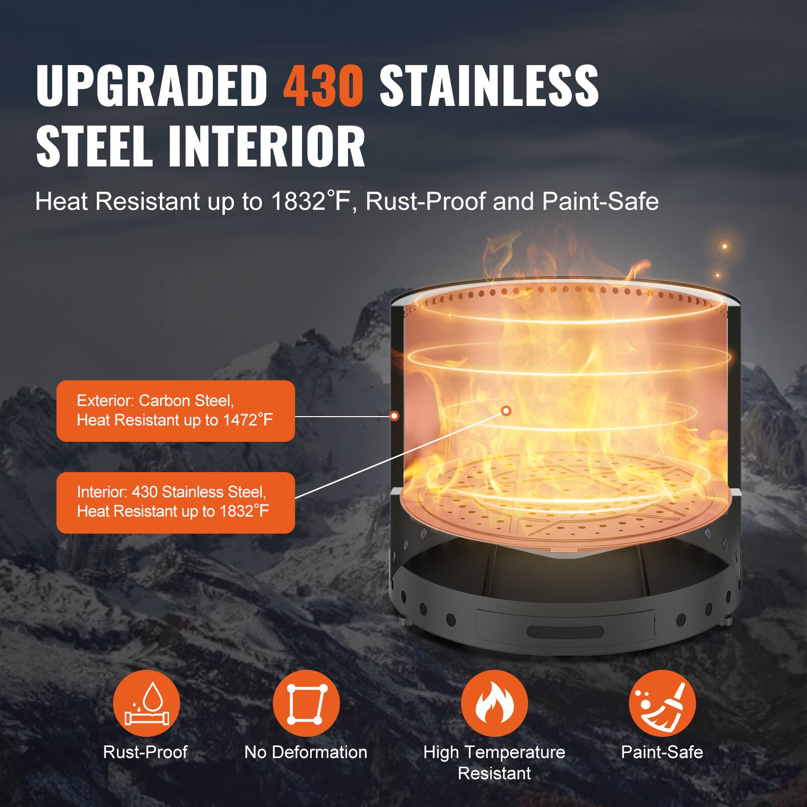 UPGRADED 430 STAINLESS STEEL INTERIOR  
Heat Resistant up to 1832°F, Rust-Proof and Paint-Safe  

Exterior: Carbon Steel, Heat Resistant up to 1472°F  
Interior: 430 Stainless Steel, Heat Resistant up to 1832°F  

Rust-Proof  
No Deformation  
High Temperature Resistant  
Paint-Safe