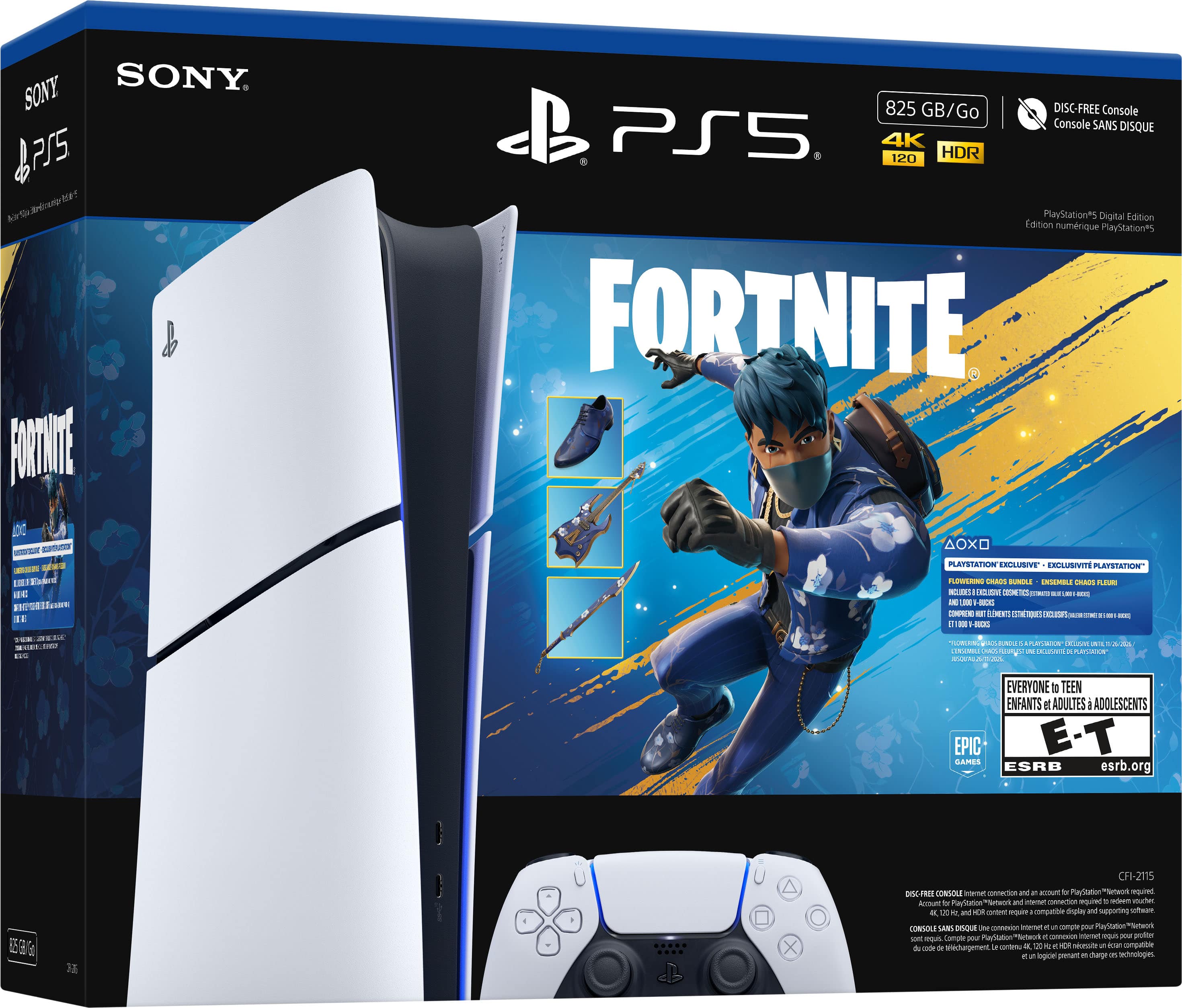 Sure, here is the corrected and grouped text from the image:
---
**SONY**
**PS5**
**825 GB/Go**
**4K 120 HDR**
**DISC-FREE Console SANS DISQUE**
**PlayStation 5 Digital Edition**
**FORTNITE**
**EXCLUSIVE PLAYSTATION**
**Epic Games**
**ESRB: EVERYONE 10+**
**TEEN ENFANTS d'ADULTES ADOLESCENTS**
**esrb.org**
**CFI-2115**
**DISC-FREE Console**
**Console SANS DISQUE**
**PlayStation 5 Digital Edition**
**Edition numérique PlayStation 5**
**825 GB/Go**
**4K 120 HDR**
**DISC-FREE Console SANS DISQUE**
**PlayStation 5 Digital Edition**
**FORTNITE**
**EXCLUSIVE PLAYSTATION**
**Epic Games**
**ESRB: EVERYONE 10+**
**TEEN ENFANTS d'ADULTES ADOLESCENTS**
**esrb.org**
**CFI-2115**
**DISC-FREE Console**
**Console SANS DISQUE