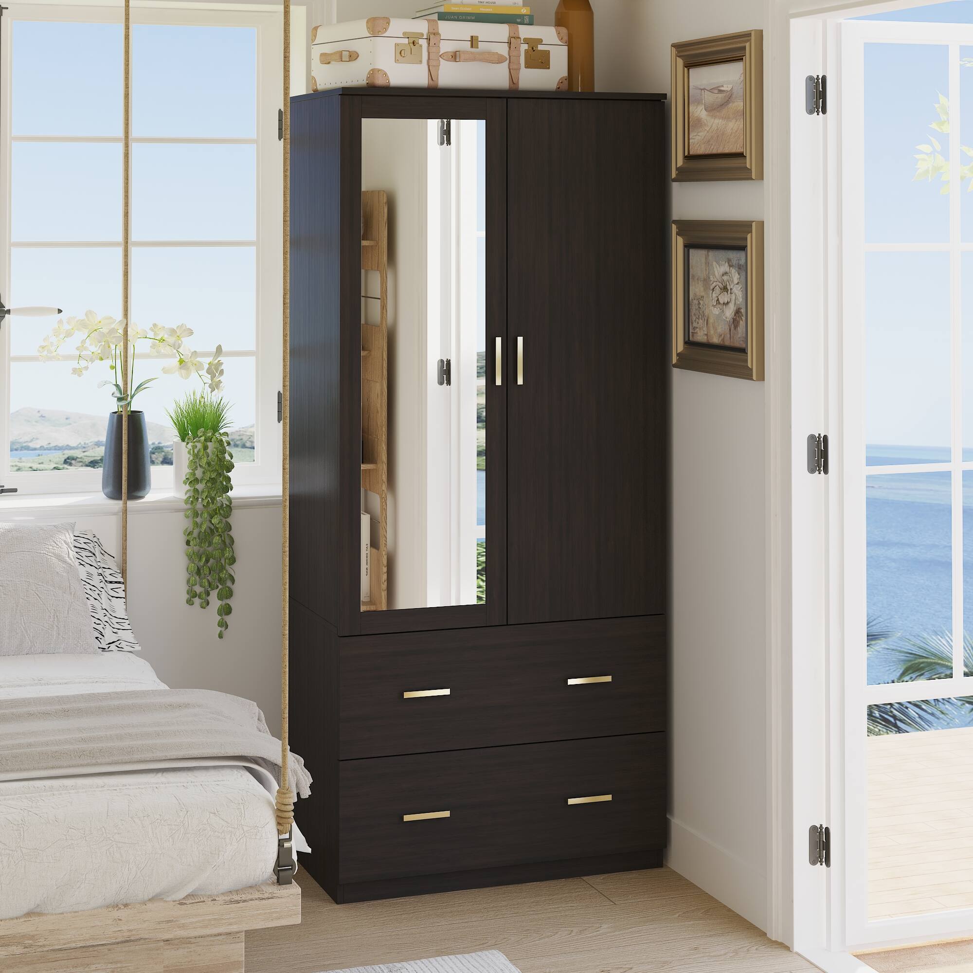 Left. FUFU&GAGA - Wardrobe Closet with Mirror Small Armoire Storage Cabinet with Hanging Rod Shelves and Drawers for Bedroom - Black.