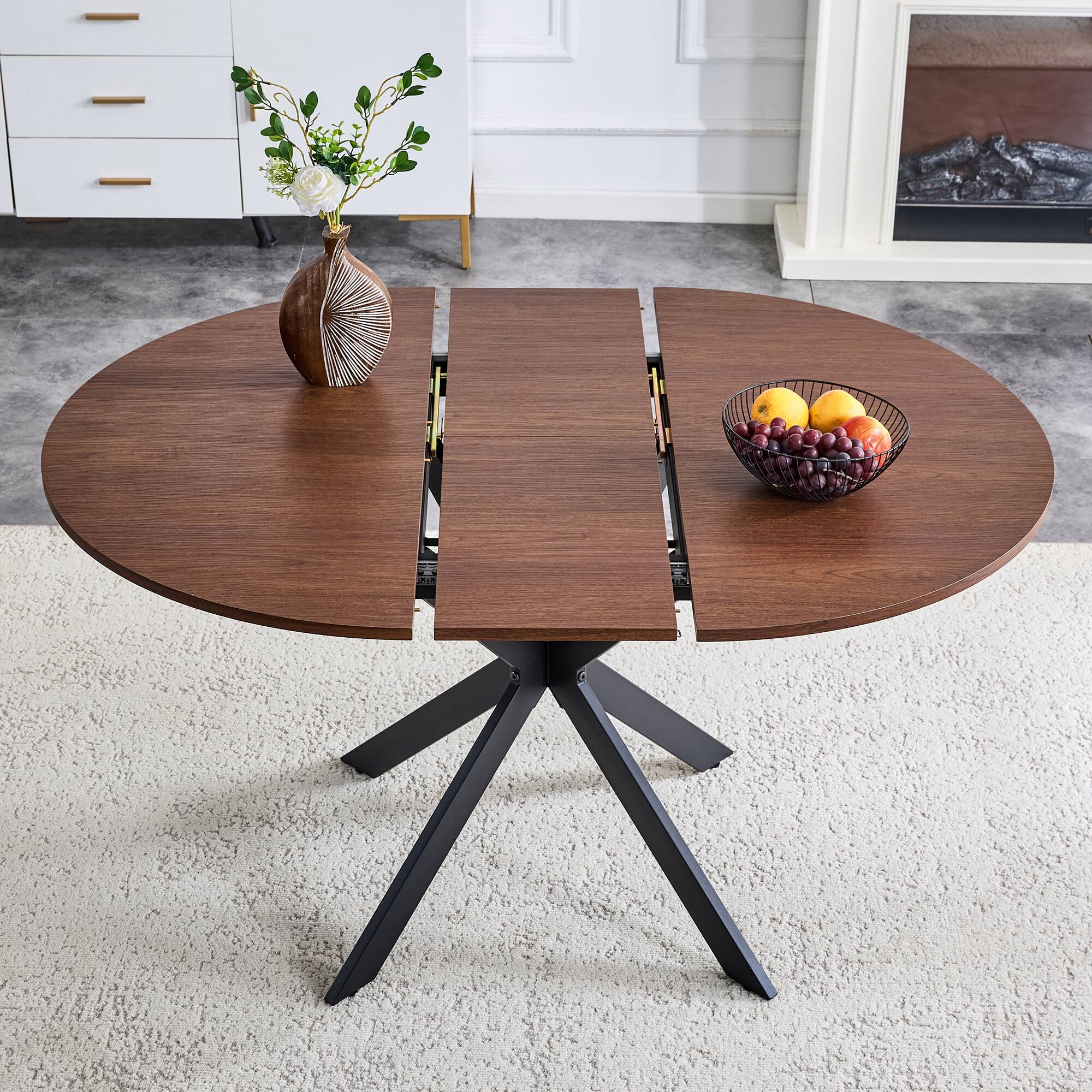 Alt View 1. Loheer - Loheer- Extendable Round Dining Table 3.58 to 4.5 ft Space Saving Metal Legs 4 to 6 Seater for Small Apartment - Walnut.